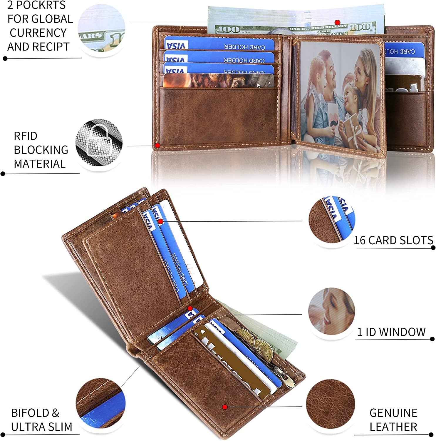 Swallowmall Airtag Wallet Men RFID Blocking Genuine Leather Bifold Mens Wallet for Airtag 1 ID Window 16 Card Holders Gift Box (Airtag Not Included)  swallowmall   