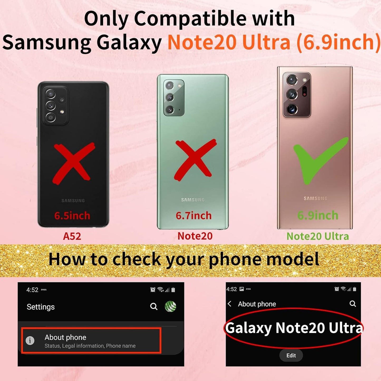 Shorogyt (3In1 Heart Case for Samsung Galaxy Note 20 Ultra 5G/4G 6.9 Inch Women Cute Aesthetic Love Hearts Pattern Girls Dark Blue Gold Luxury Girly Design Cases Cover+Screen+Chain for Note20 Ultra  qunxiner   