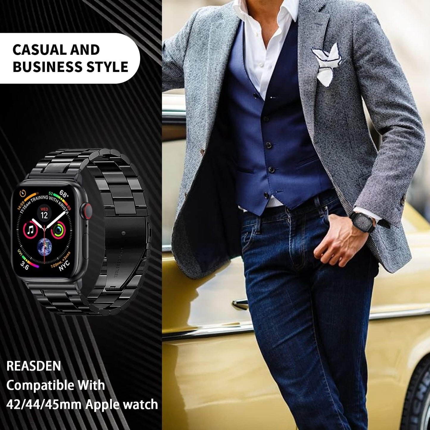 REASDEN Compatible with Apple Watch Band Iwatch Ultra Series 8/7/6/5/4/3/2/1/SE, 38/40/41/42/44/45/49Mm, Solid Stainless Steel Band Metal Business Band Man Women  REASDEN   