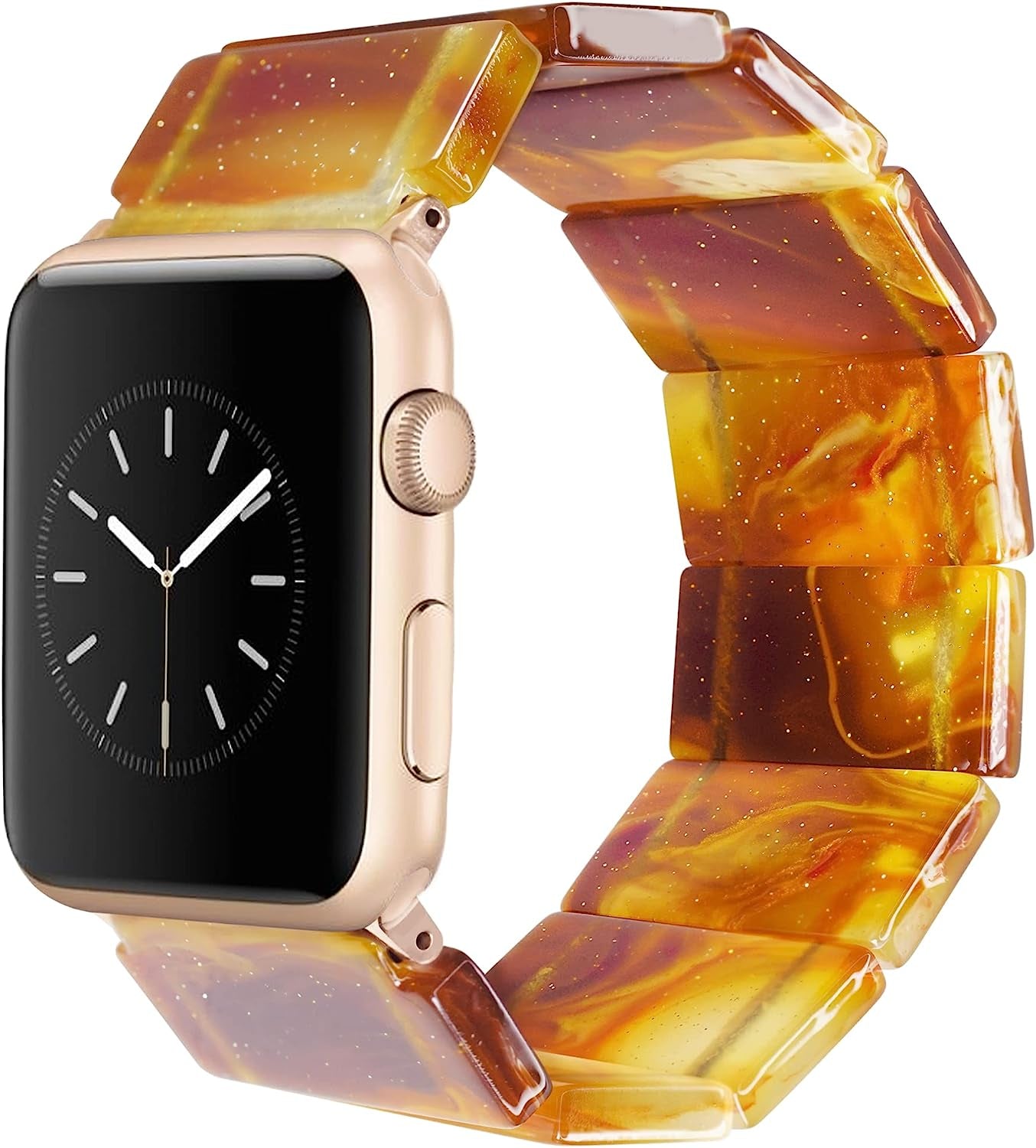 Heesch Upgraded Stretchy Resin Watch Band Compatible with Apple Watch for Women, Men, Tortoise Shell Fashion Watch Strap Bracelet Wristband Jewelry for Iwatch Series Ultra/Se/8/7/6/5/4/3/2/1, 38/40/41Mm, 42/44/45/49Mm, Rectangle Version  Heesch Glitter Marble Golden Brown 42/44/45/49mm-S: 5.5''-6.2'' 