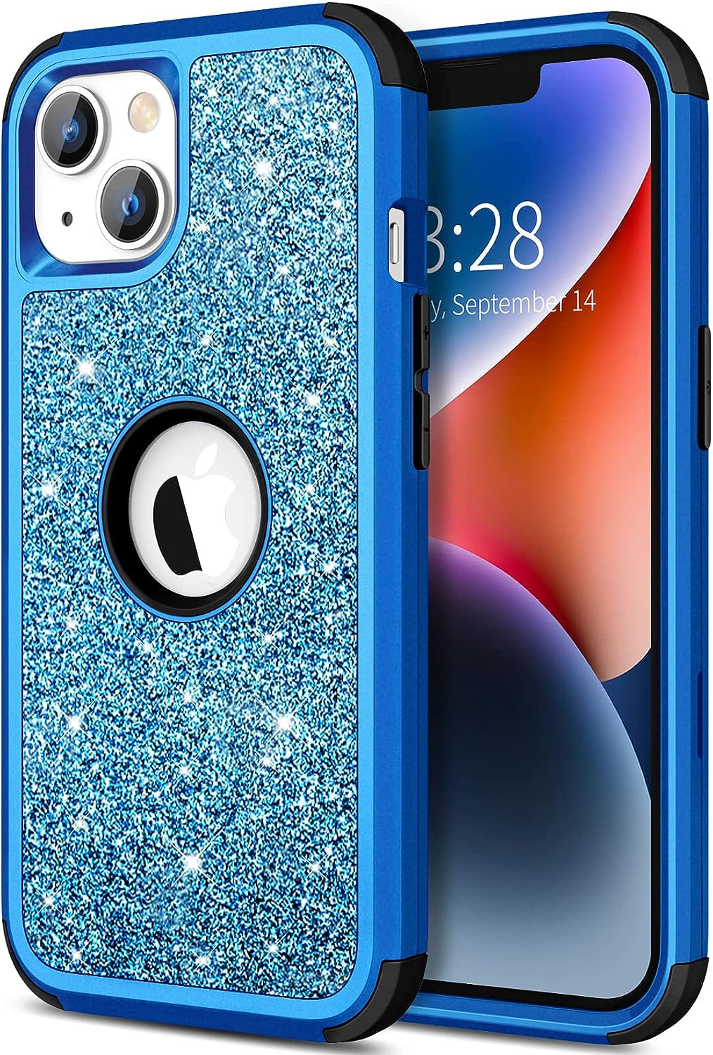 Hython for Iphone 14 plus Case, Heavy Duty Full-Body Defender Protective Phone Cases Glitter Bling Sparkle Hard Shell Hybrid Shockproof/Drop Proof 3-Layer Military Rubber Bumper Cover for Women Girls  Hython Blue  