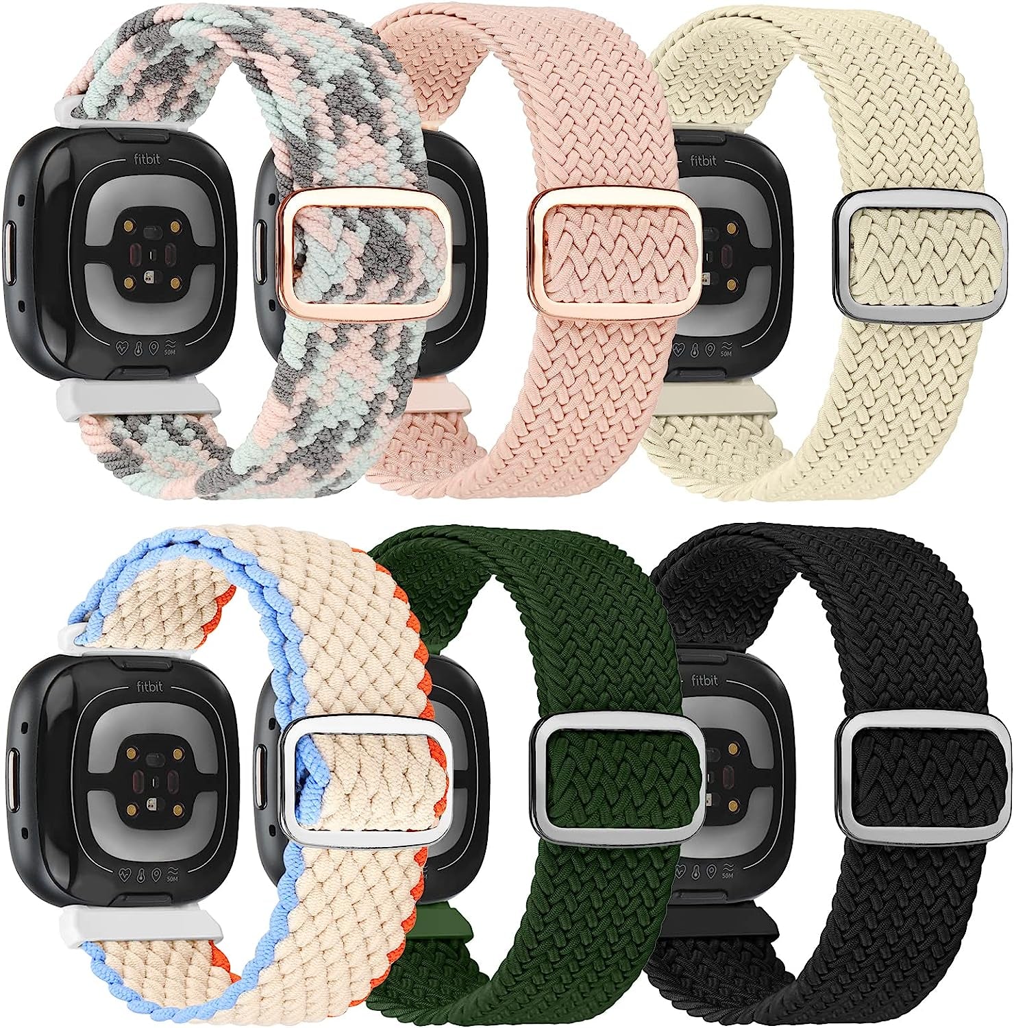 6 Packs Elastic Nylon Bands Compatible with Fitbit Versa 4 / Fitbit Sense 2 / Fitbit Versa 3 / Fitbit Sense, Adjustable Nylon Replacement Straps Wristband for Fitbit Versa 3/4 for Women Men  HUYIIO 6 Pack Braided 2  