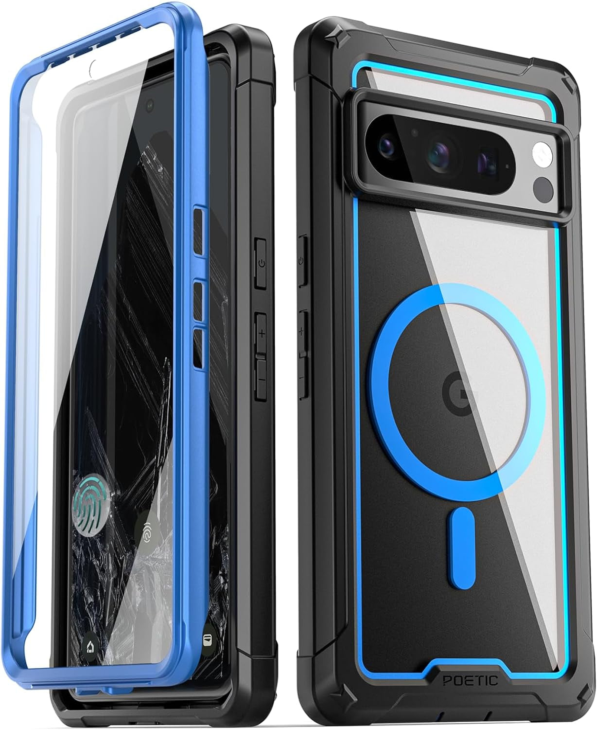 Poetic Guardian Magpro Case for Google Pixel 8 Pro, [Compatible with Magsafe][20Ft Mil-Grade Drop Tested], Built-In Screen Protector Work with Fingerprint Id,Full Body Hybrid Rugged Case, Black/Clear  Poetic Blue  