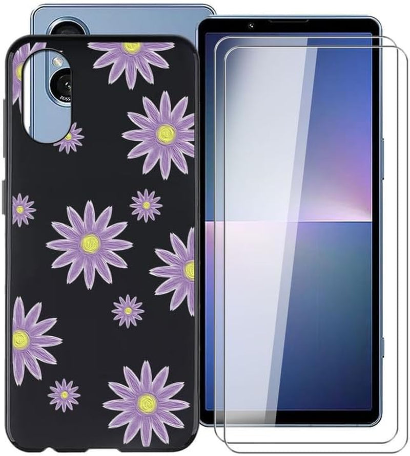 WIMSPEED Shockproof Phone Case for Sony Xperia 5 V (6.1") + 2 Pack Tempered Glass Protective Film, Slim Soft Silicone Shell anti Scratch TPU Cover for Sony Xperia 5 V - Purple Flower  WIMSPEED   