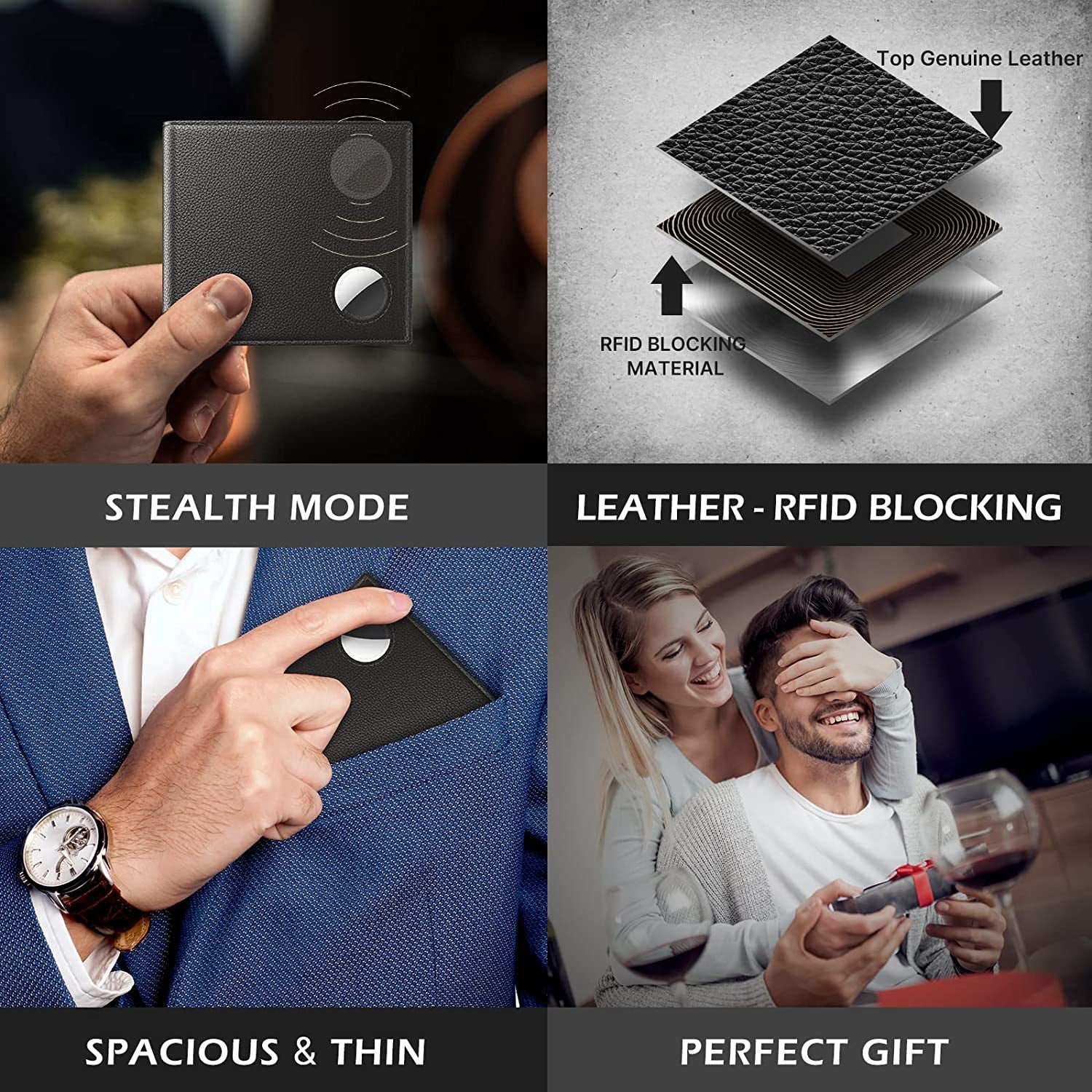 Men'S Leather Wallet with Stealth Pocket for Airtag | Top Grain Leather | Bifold | RFID Blocking | 8-16 Card Capacity | Bill Divider | ID Window | Hidden Pocket Compatible with Apple Air Tag (Black)  typecase   