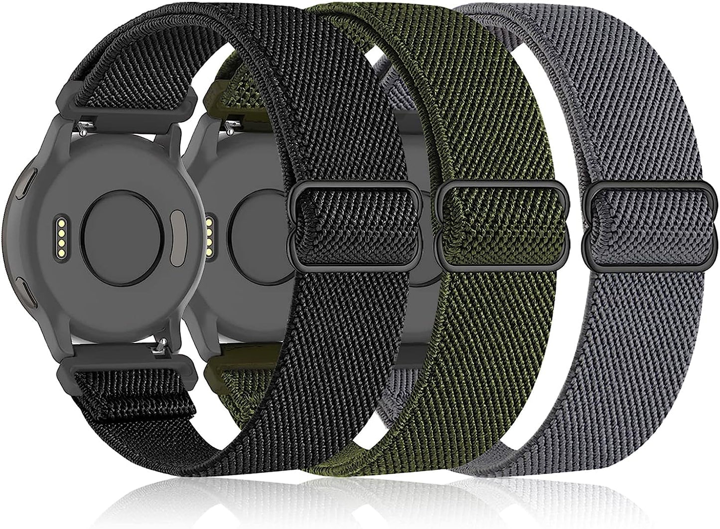 Bolesi 3 Pack 18Mm Stretchy Nylon Watch Bands for Garmin Venu 2S / Vivoactive 4S/ Vivoactive 3S,Soft Sport Band Quick Release Wristband Loop Elastic Strap for Men Women  Bolesi Black+Green+Grey  