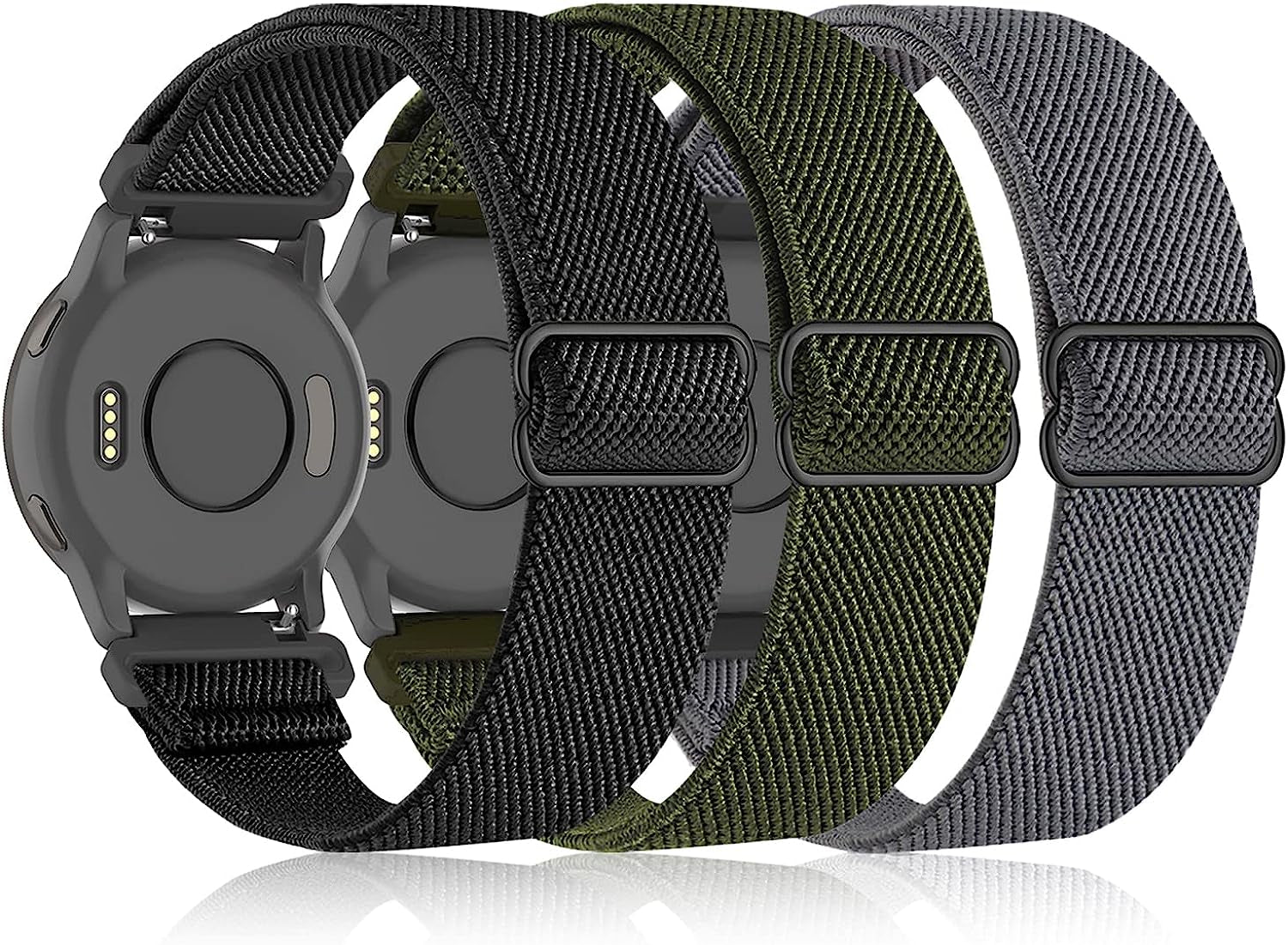 Bolesi 3 Pack 18Mm Stretchy Nylon Watch Bands for Garmin Venu 2S / Vivoactive 4S/ Vivoactive 3S,Soft Sport Band Quick Release Wristband Loop Elastic Strap for Men Women  Bolesi Black+Green+Grey  
