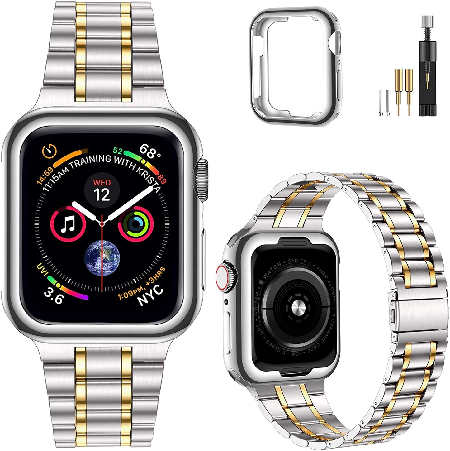 Miohhr Solid Stainless Steel Band Compatible with Apple Watch 49Mm 45Mm 44Mm 42Mm 41Mm 40Mm 38Mm, Metal Strap for Iwatch Series Ultra 8 7 6 5 4 3 2 1 SE Women and Men  MioHHR Silver/Gold 41 mm(Series 8/7) 