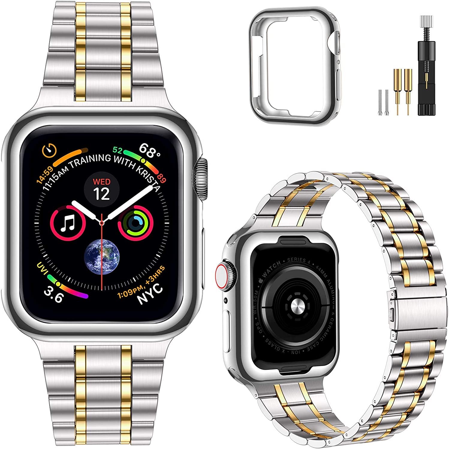 Miohhr Solid Stainless Steel Band Compatible with Apple Watch 49Mm 45Mm 44Mm 42Mm 41Mm 40Mm 38Mm, Metal Strap for Iwatch Series Ultra 8 7 6 5 4 3 2 1 SE Women and Men  MioHHR Silver/Gold 41 mm(Series 8/7) 