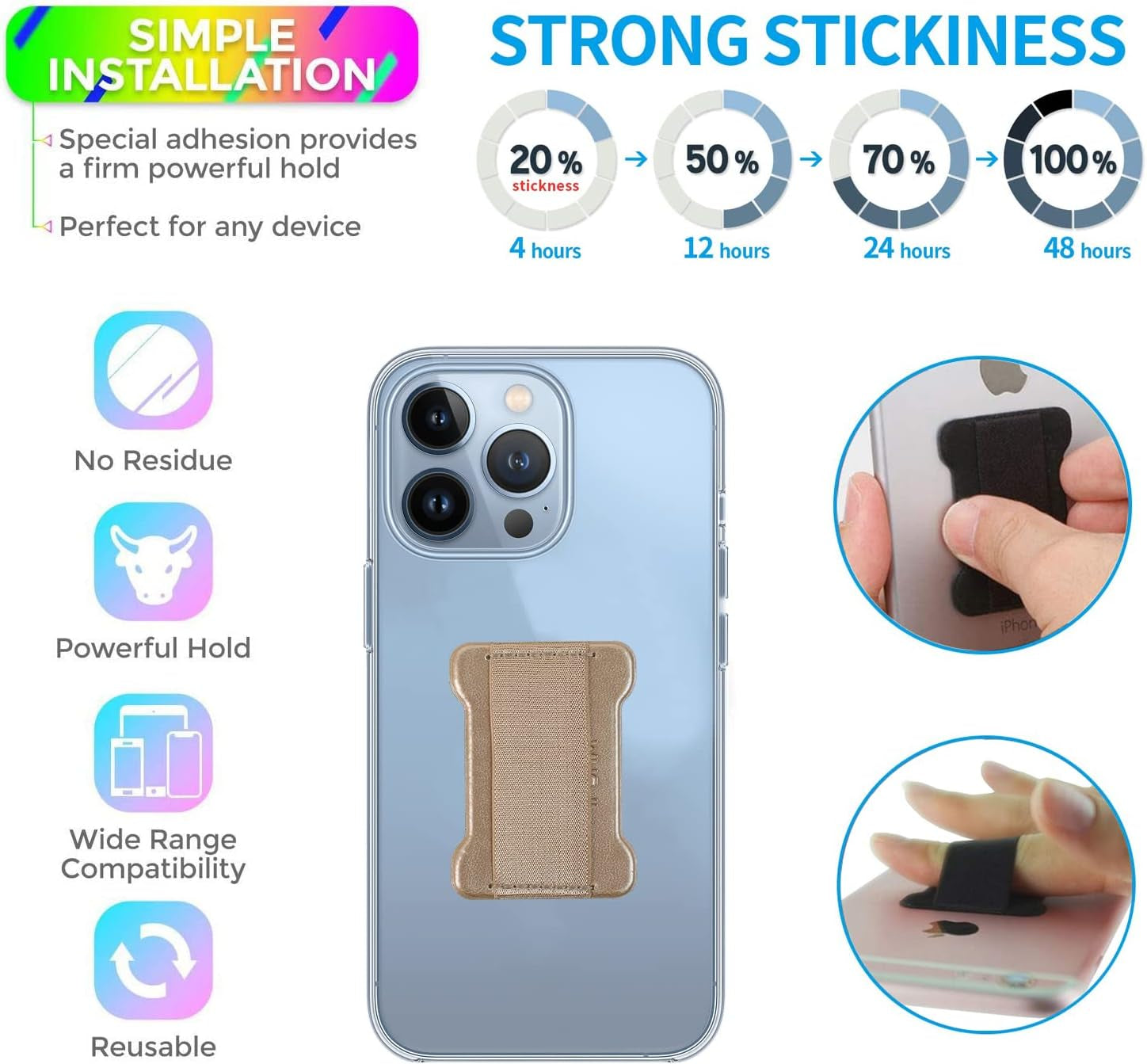 WUOJI Finger Strap Phone Holder - Phone Grip for Most Smartphones and Mini Tablets,Ultra Thin Anti-Slip Universal Cell Phone Grips Band Holder for Back of Phone -2Pack(Gold)  WUOJI   