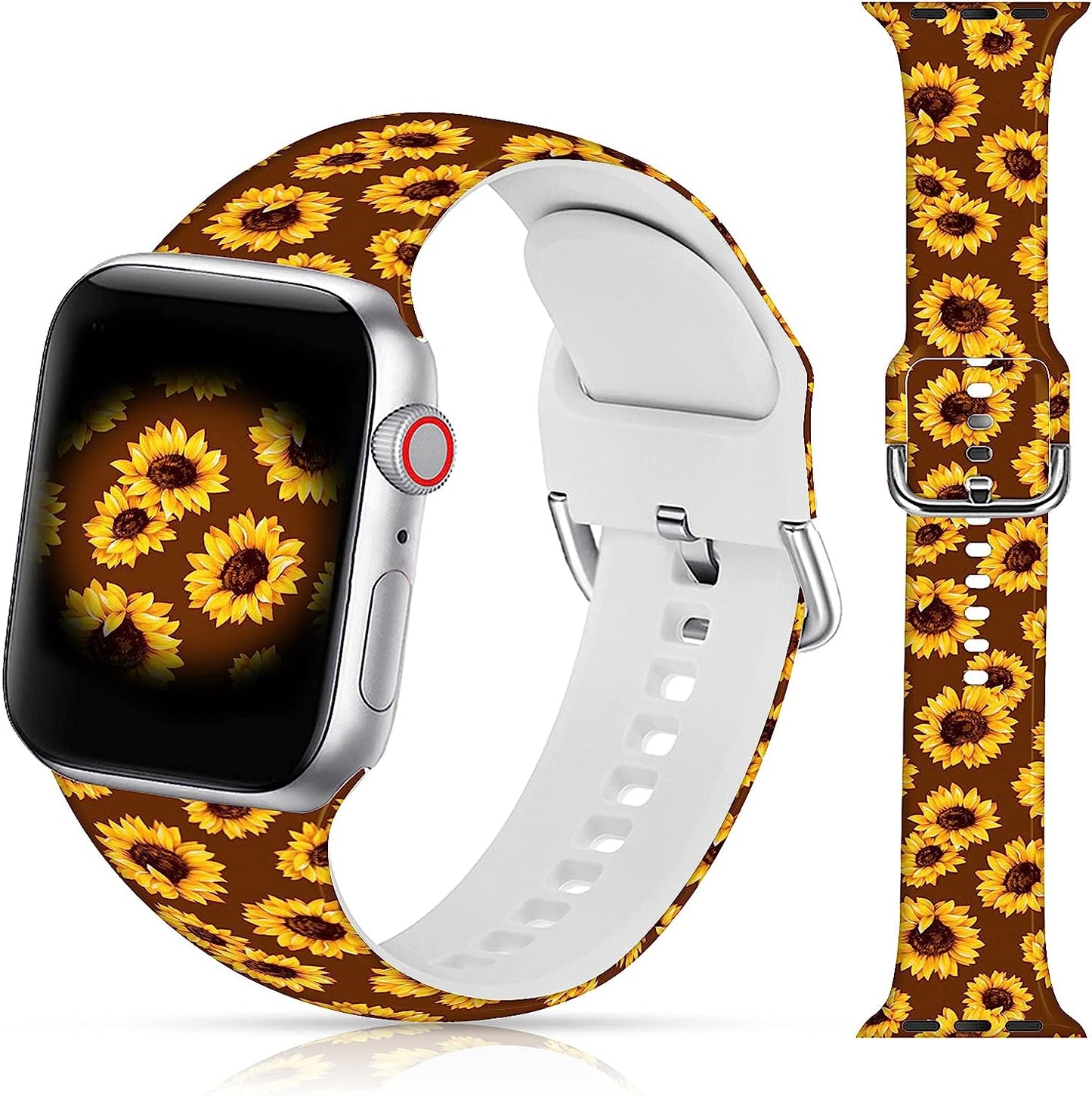 LAACO Silicone Sport Bands Compatible with Apple Watch 49Mm 45Mm 44Mm 42Mm 41Mm 40Mm 38Mm for Women Men Girls, Floral Design Replacment Strap for Iwatch SE Utral/Series 8/7/6/5/4/3/2/1  LAACO Brown Sunflower 42mm/44mm/45mm/49mm 