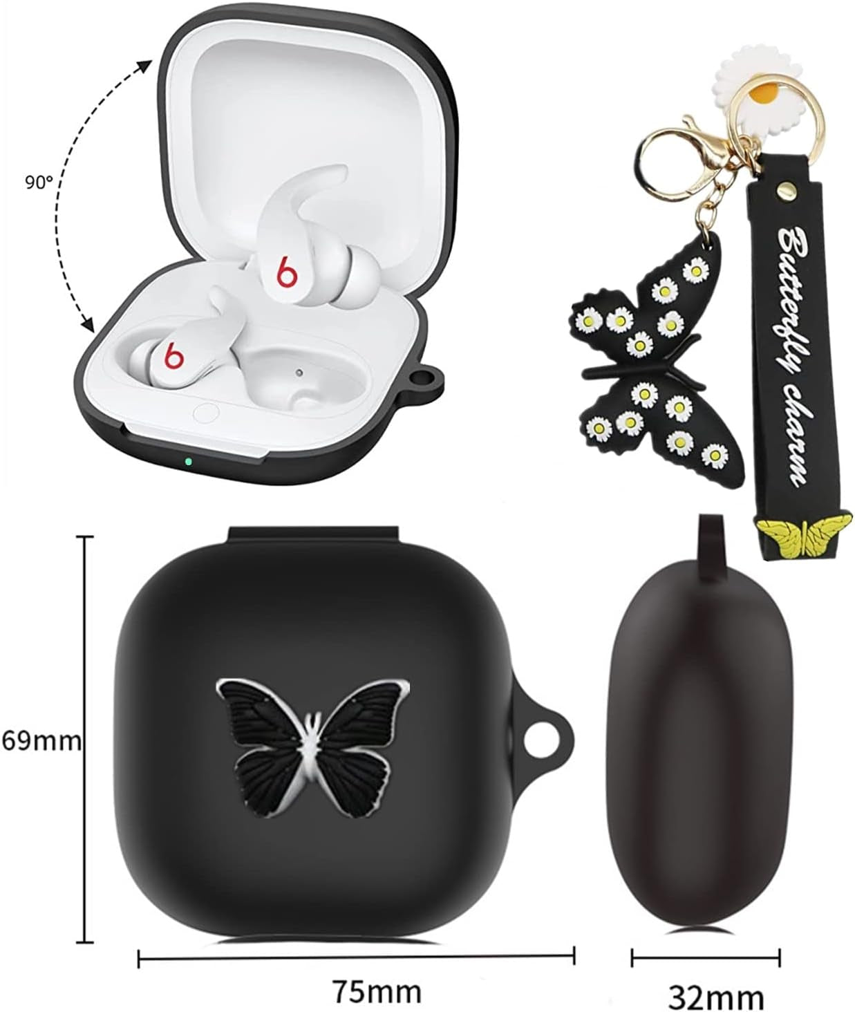 Case for Beats Fit Pro with Wristlet Keychain, Cute Cartoon Butterfly Charm Soft Silicone Charging Case with Wrist Strap Anti-Lost Cover for Beats Fit Pro X 2021/2022, Gift for Women Girl (Black)  YQGFashbf11   