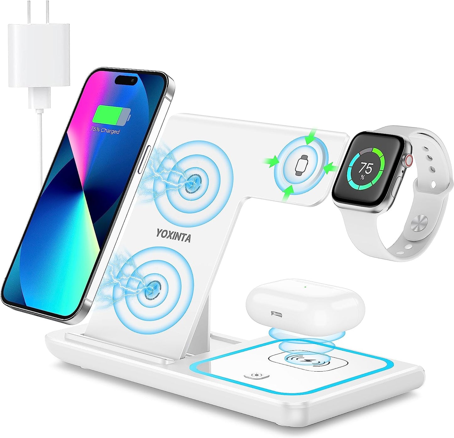 Wireless Charging Station, Wireless Charging Station for Multiple Devices for Iphone 15 14 13 12 11 Pro XR XS 8 Plus, for Apple Watch Ultra SE 8 7 6 5 4 3 2, Airpods Pro 3 2 (Dark Blue)  YOXINTA White  
