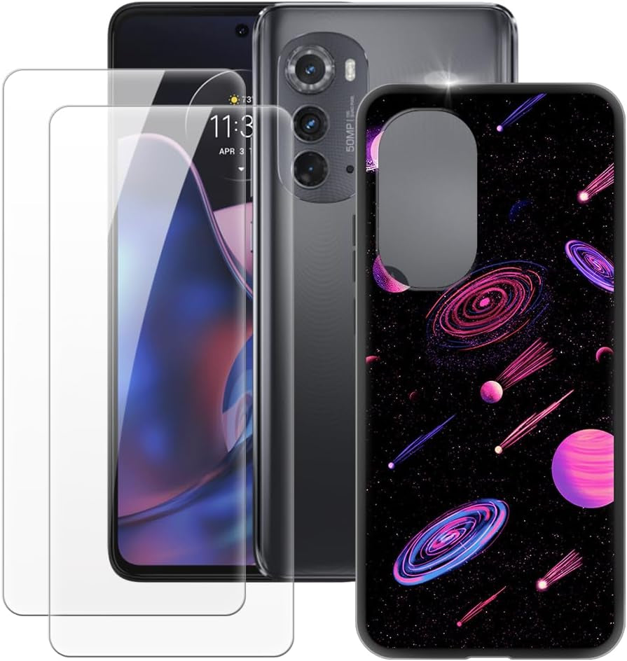 MILEGAO Motorola Edge 2022 Case + 2PCS Screen Protector Tempered Glass, Ultra Thin Bumper Shockproof Soft TPU Silicone Cover for Motorola Edge Gen.3 (6.6”) Rose  MILEGAO Planet  