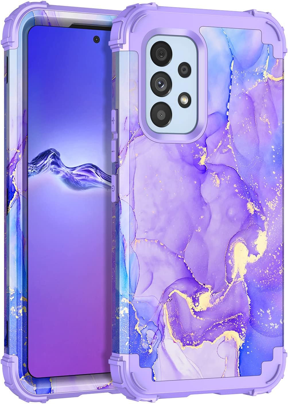 Casetego Compatible with Galaxy A53 5G Case,Floral Three Layer Heavy Duty Sturdy Shockproof Full Body Protective Cover Case for Samsung Galaxy A53 5G,Blue Flower  Casetego Purple  