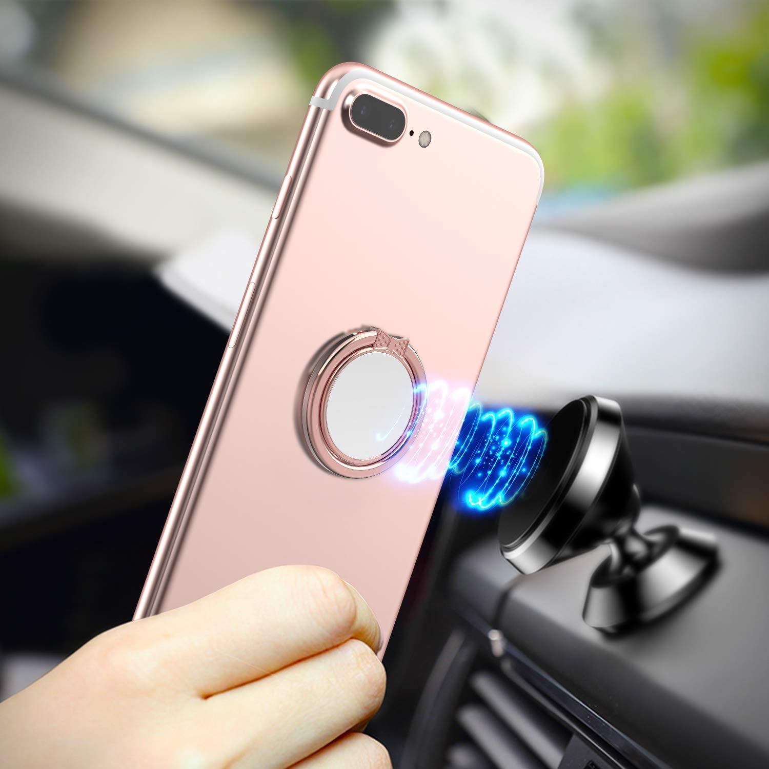 Finger Ring Stand, ICHECKEY Phone Ring Kickstand 360° Rotation Metal Grip Holder for Magnetic Car Mount Compatible with All Smartphone, Ipad, Tablet - Rose Gold/Silver (Rose2Pcs)  ICHECKEY   