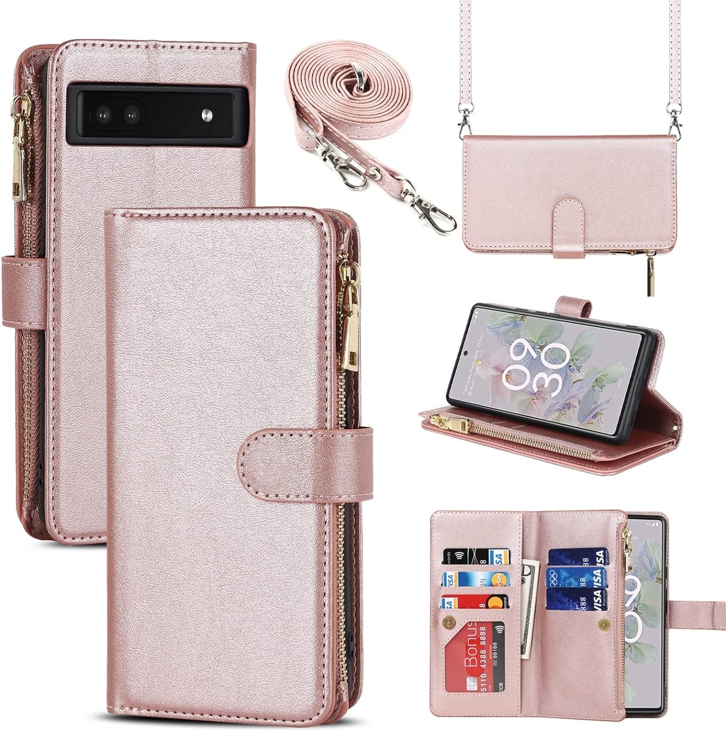 Jaorty Google Pixel 6A Case for Women with Card Holder 6.1" 5G 2022,Google Pixel 6A Phone Case with Strap,Crossbody Lanyard Cases with Credit Card Slots with Stand,Burgundy  Jaorty Rosegold  
