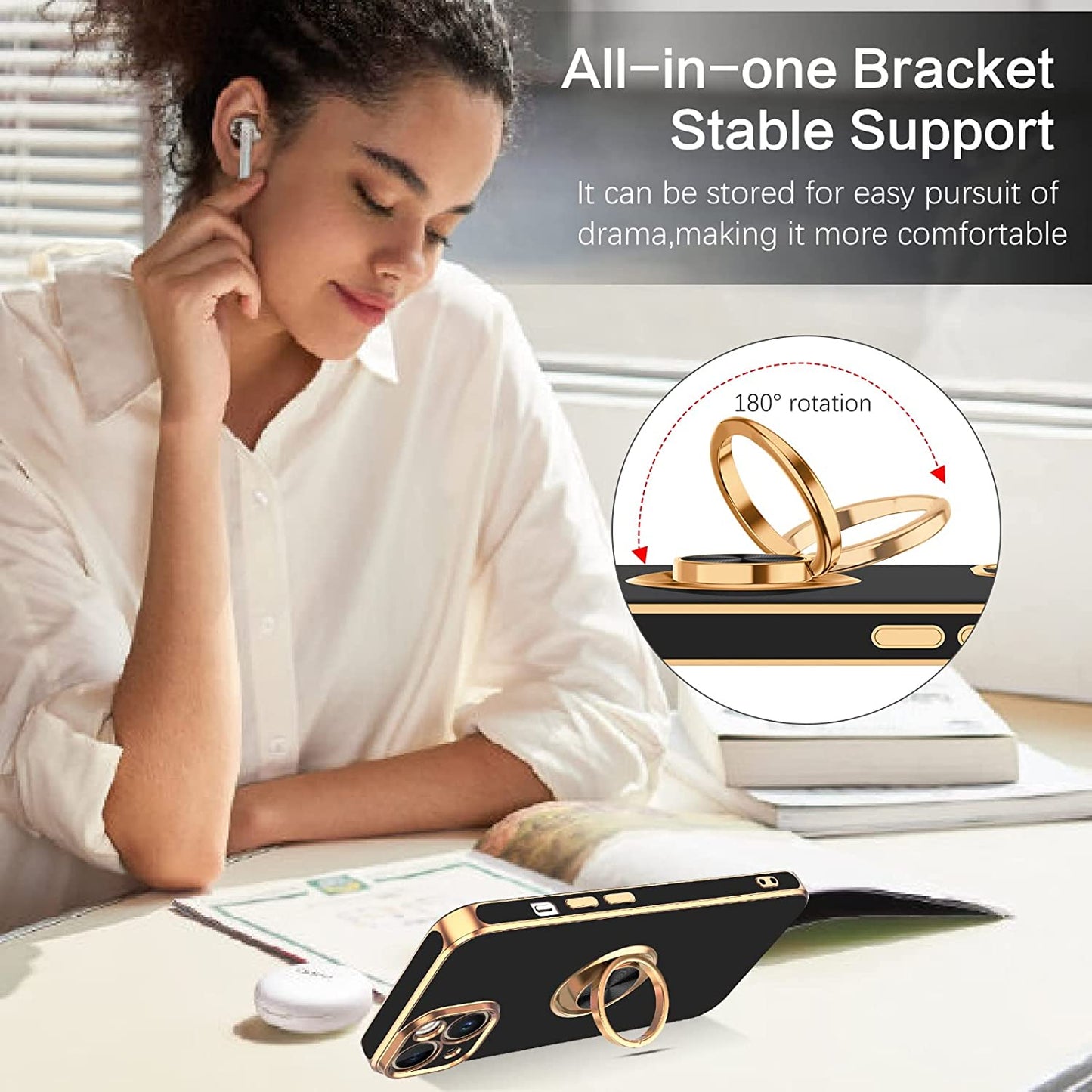 VENINGO Iphone 14 Case,Phone Cases for Iphone 14,Slim Fit Soft 360° Ring Holder Kickstand Magnetic Car Mount Supported Easy Clean Shockproof Protective Cover for Apple Iphone 14 6.1" 2022,Black/Golden  VENINGO   