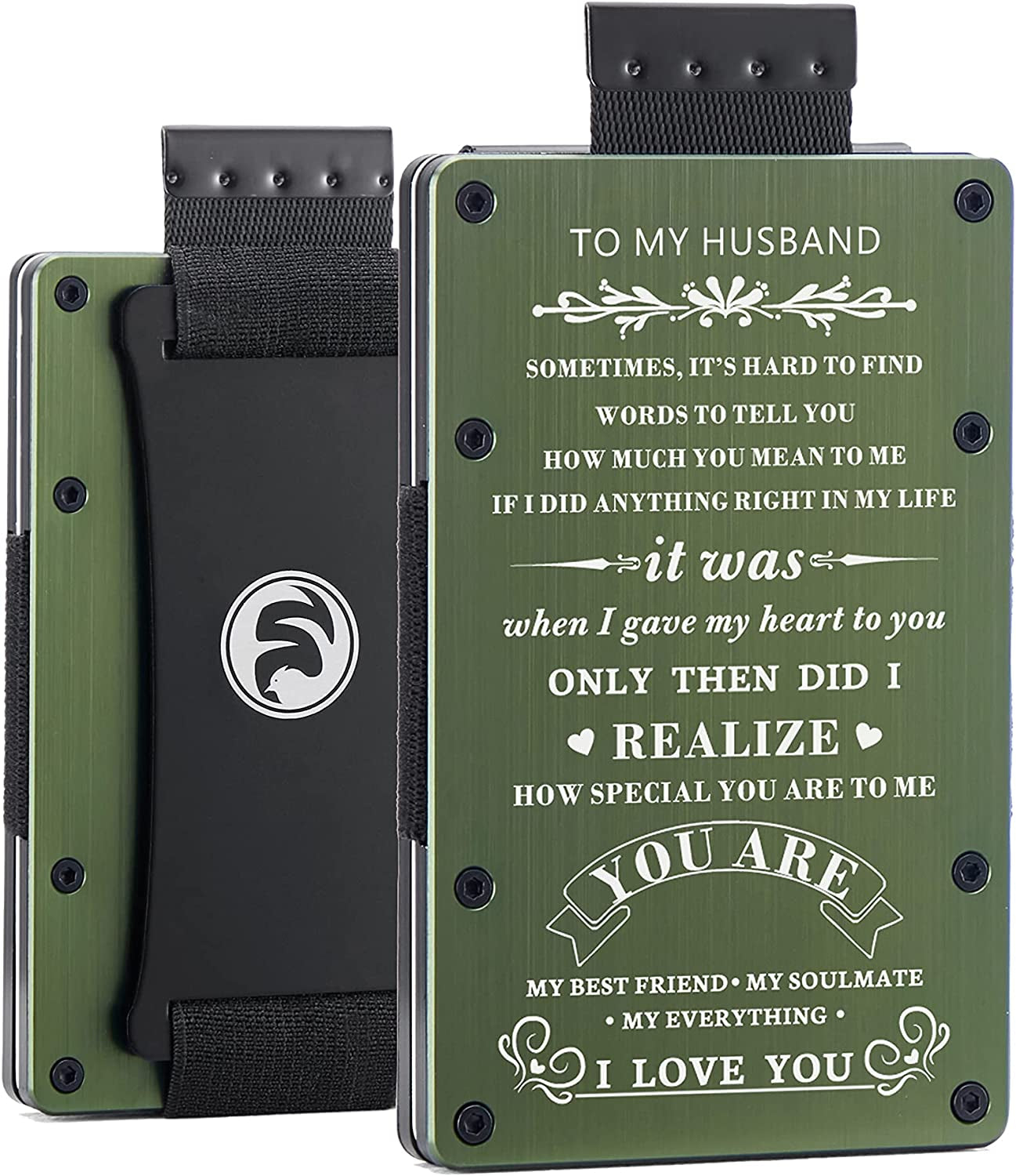 Men Minimalist Metal Engraved Wallet for Son Dad Husband Boyfriend | Slim Front Pocket RFID Blocking Aluminum Tactical Card Holder with Cash Strap | Personalized Birthday Christmas Graduation Gift  FeiYen For husband from wife-Brushed army green  