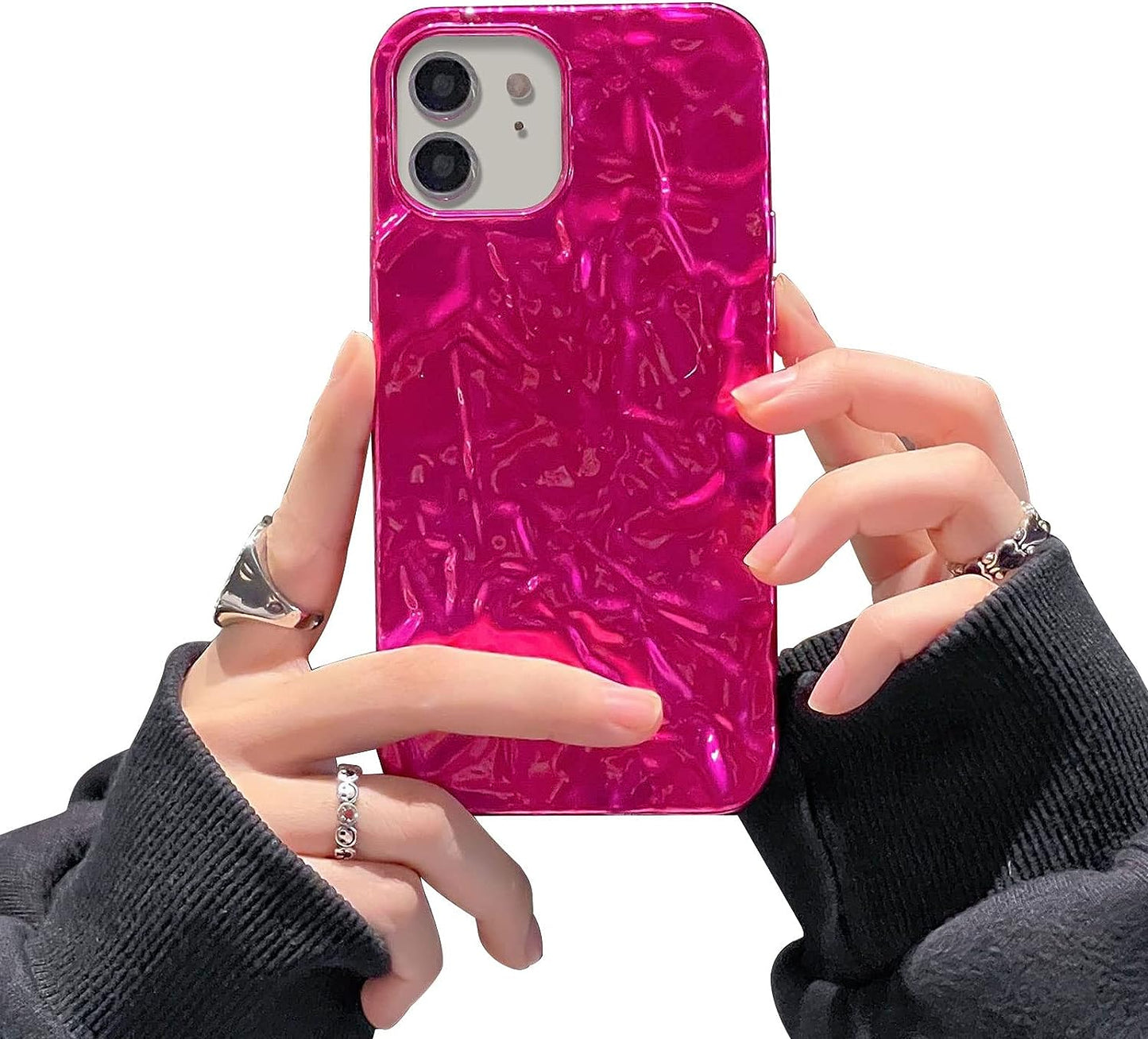 Yebowe Compatible with Iphone 13 Mini Case, Cute 3D Tin Foil Pleated Luxury Phone Cover for Women Girls Cool Bling Designer Soft Silicone Case for Iphone 13 Mini, Pink  Yebowe Pink Iphone 12 Mini 