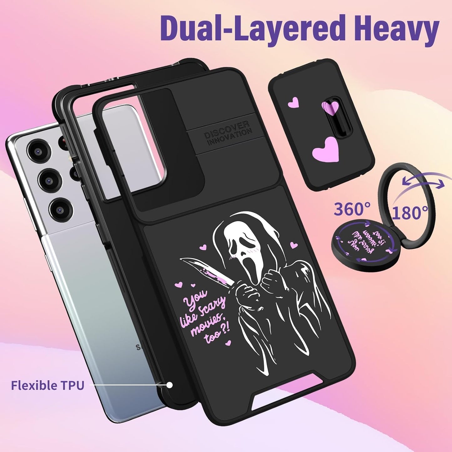 Oqpa for Samsung Galaxy S21 Ultra Case Cute Cartoon S21 Ultra 5G Case for Women Girly Girl Kawaii Funny Unique Cases with Camera Cover+Ring Holder for Galaxy S21 Ultra, Heart Skull  meitong2020   