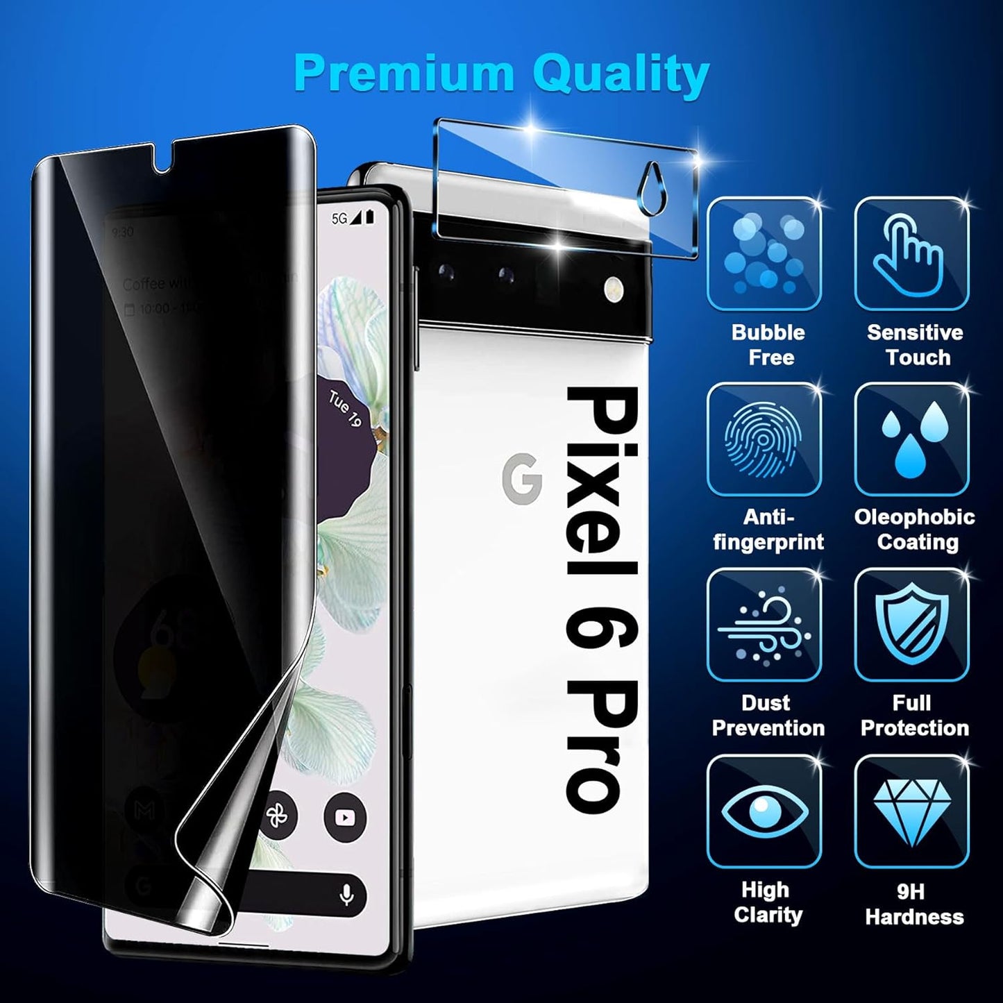 [2+1 Pack] for Google Pixel 6 Pro Privacy Screen Protector, Fingerprint Unlock, 3D Curved, HD Clear Anti-Spy Film for Google Pixel 6 Pro 5G Tempered Glass Camera Screen Protector  Hendlent   