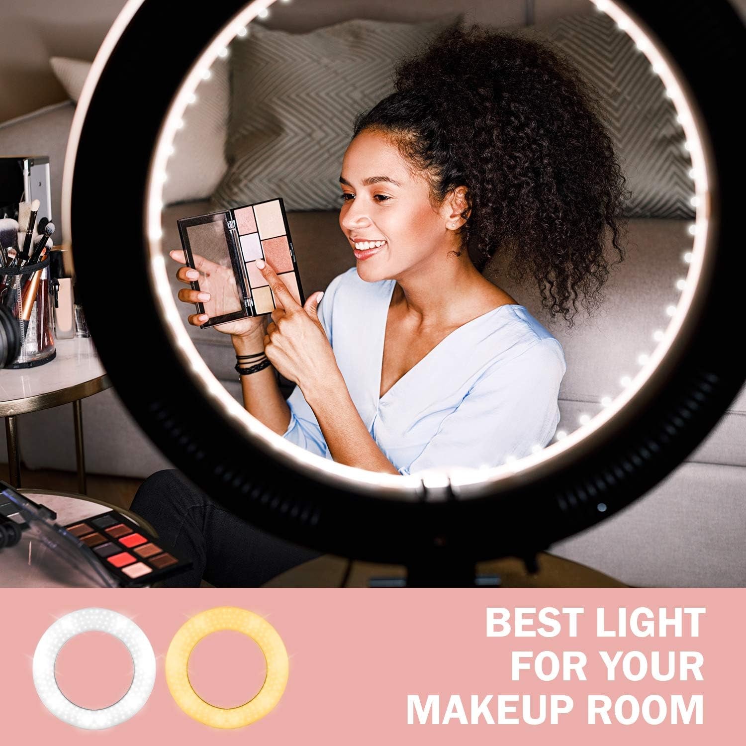 EACHPOLE 18 Inch Makeup Room Ring with Tripod Stand, LED Dual Color Continuous Lighting for Charming Eyes and Beauty Facial Shoot, Salons Beauty Shop Selfie Light Stand, APL2319  EACHPOLE   