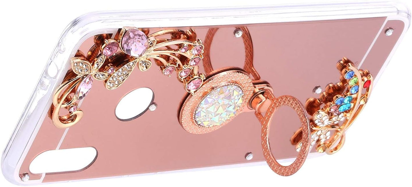 Case for Xiaomi Redmi Note 7 Diamond Case,Crystal Inlaid Diamond Flower Rhinestone Diamond Glitter Bling Mirror TPU Case & Ring Stand +Touch Pen Dust Plug for Xiaomi Redmi Note 7 Mirror Case,Rose Gold  ikasus   