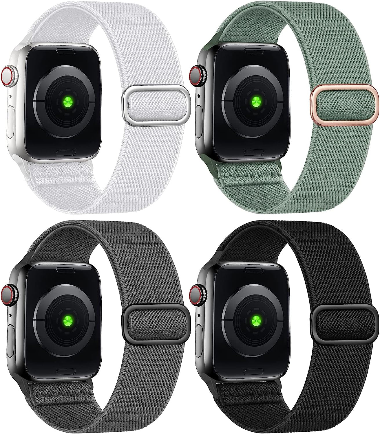 Treasuremax 4 Pack Stretchy Solo Loop Bands Compatible for Apple Watch 38Mm 40Mm 41Mm 42Mm 44Mm 45Mm 49Mm, Adjustable Nylon Elastic Braided Straps for Iwatch Serie Ultra/8/7/6/Se/5/4 3/2/1 Women Men  TreasureMax Cactus/White/Dark Grey/Black 38MM/40MM/41MM 