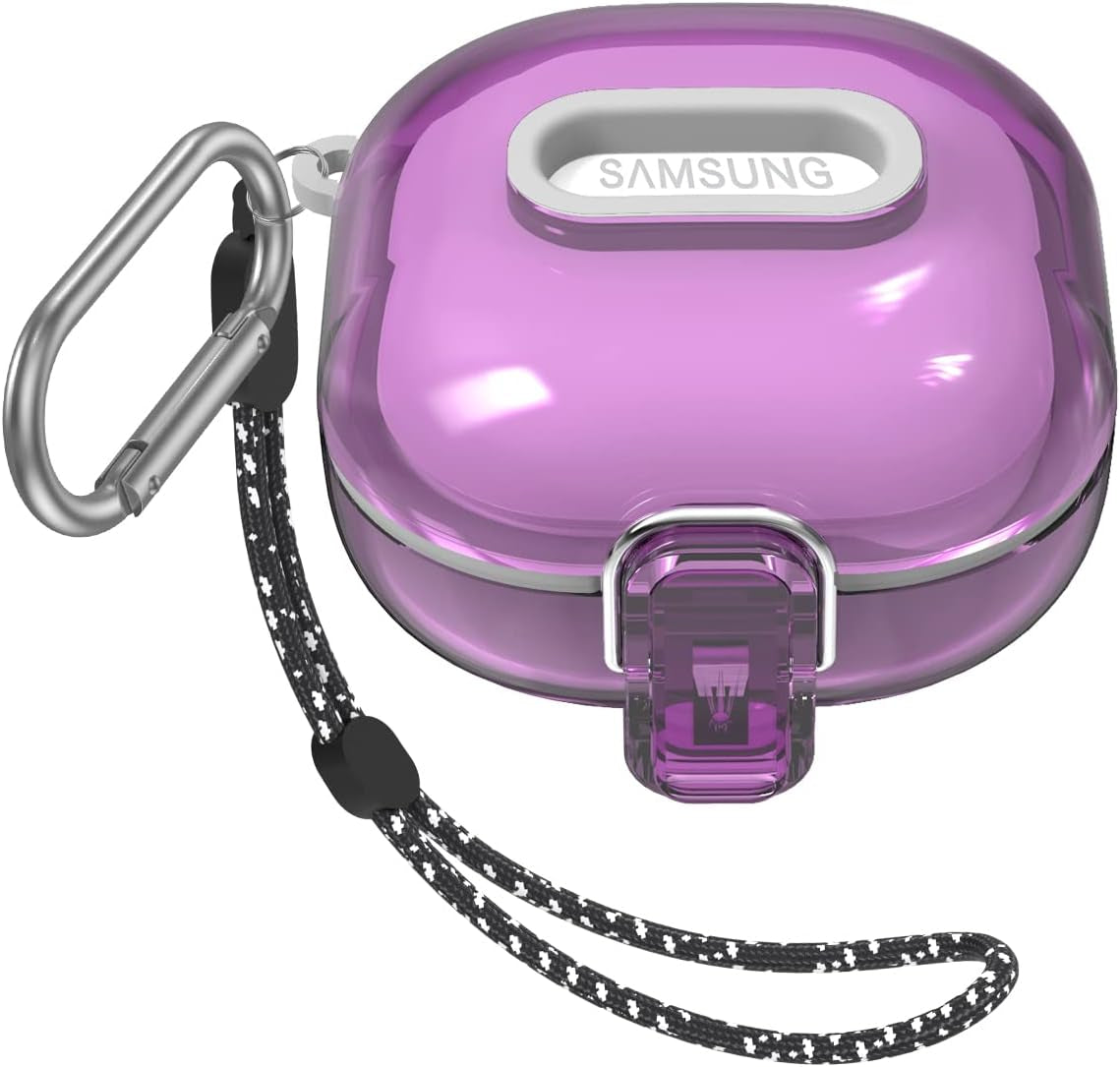 [Upgrade Lock] Case for Samsung Galaxy Buds 2 Pro/Galaxy Buds 2/Galaxy Buds Pro/Galaxy Buds Live, Shock-Absorbing Protective Armor Cover TPU Hard Shell with Carabiner & Lanyard,Clear  VAEKNVG Clear Purple  