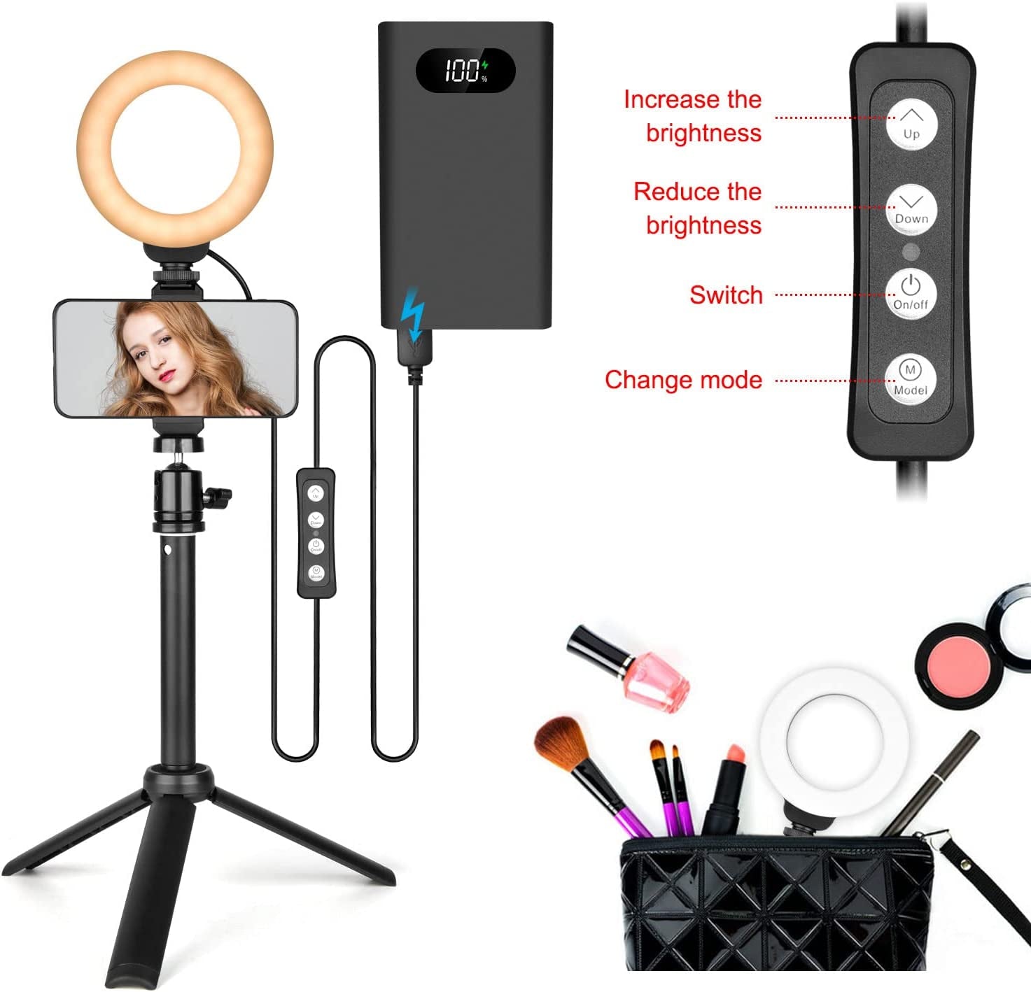 Selfie Ring Light for Video Conference, Dimmable Desktop LED Circle Light with Tripod Stand, 4.1'' Lighting Kit Gifts for Live Streaming/Laptop Zoom Meeting/Youtube/Vlog/Video Recording  YELANGU   