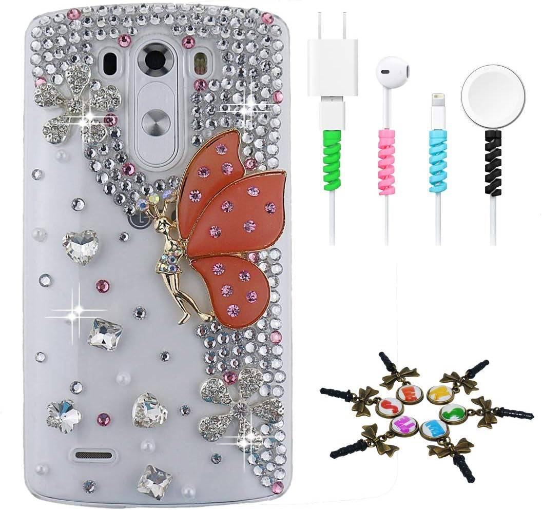 STENES Bling Case Compatible with LG G8 Thinq - Stylish - 3D Handmade Sparkle Series Bowknot Design Cover with Cable Protector [4 Pack] - Pink  STENES Butterfly Flowers / Orange Design For Lg G8 Thinq 
