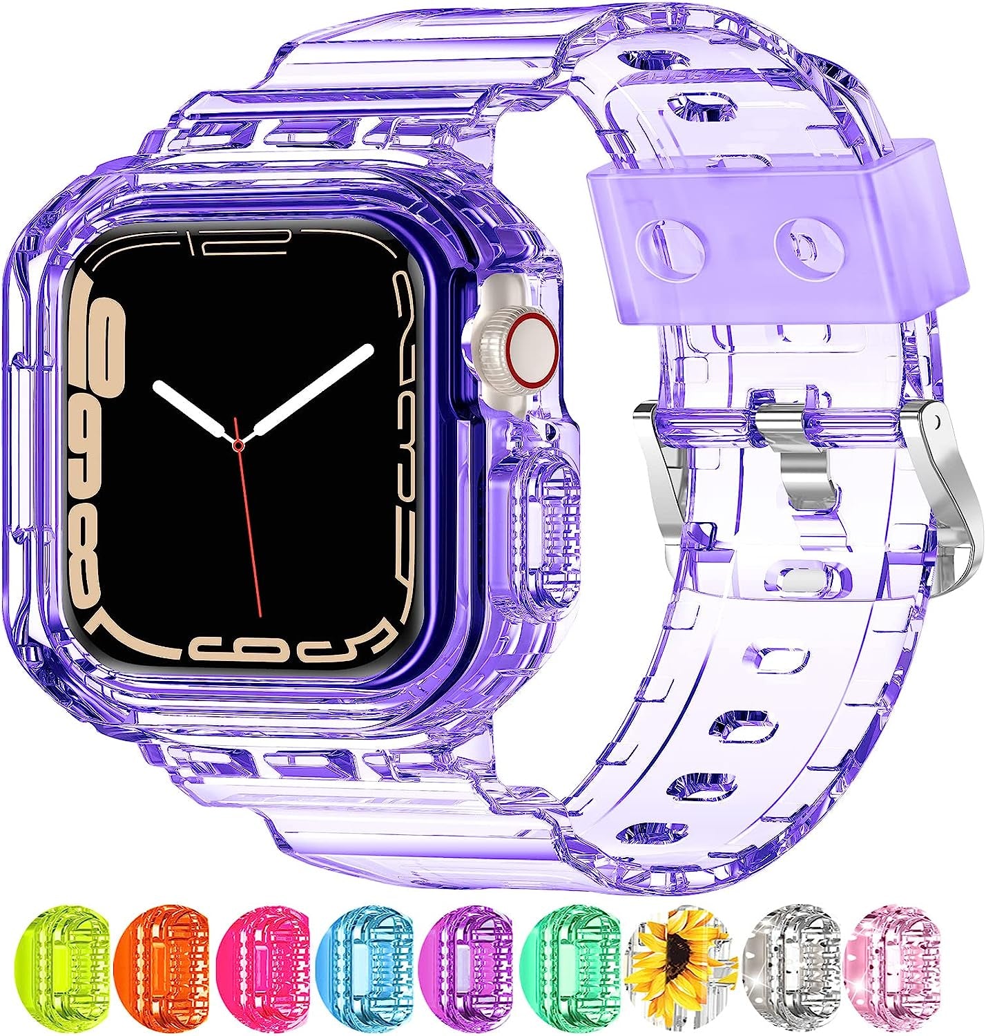 XYF Compatible for Crystal Clear Apple Watch Bands, 45Mm 44Mm 42Mm 41Mm 40Mm 38Mm 49Mm with Bumper Case for Men Women Jelly Sport Case and Band for Iwatch Ultra Series 8 7 SE/6 5 4 3 2 1  XYF Purple 42/44/45mm 