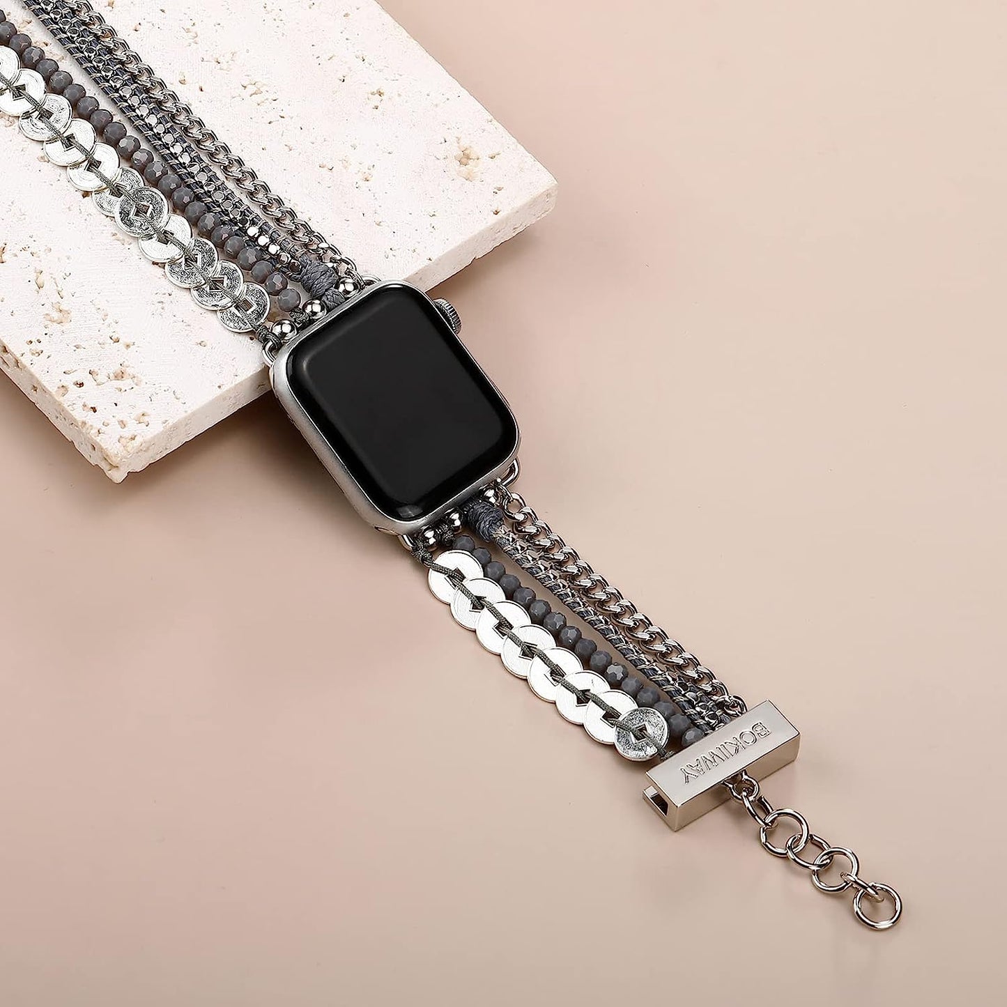 BOKIIWAY Boho Watch Bracelet Compatible with Apple Watch Series 8/7/6/5/4/3/2/1/SE – Bohemian Watch Band for Women – Handmade Braided Leather Watch Strap with Crystal Beads – Greyscale Modern Watch Strap  BOKIIWAY   