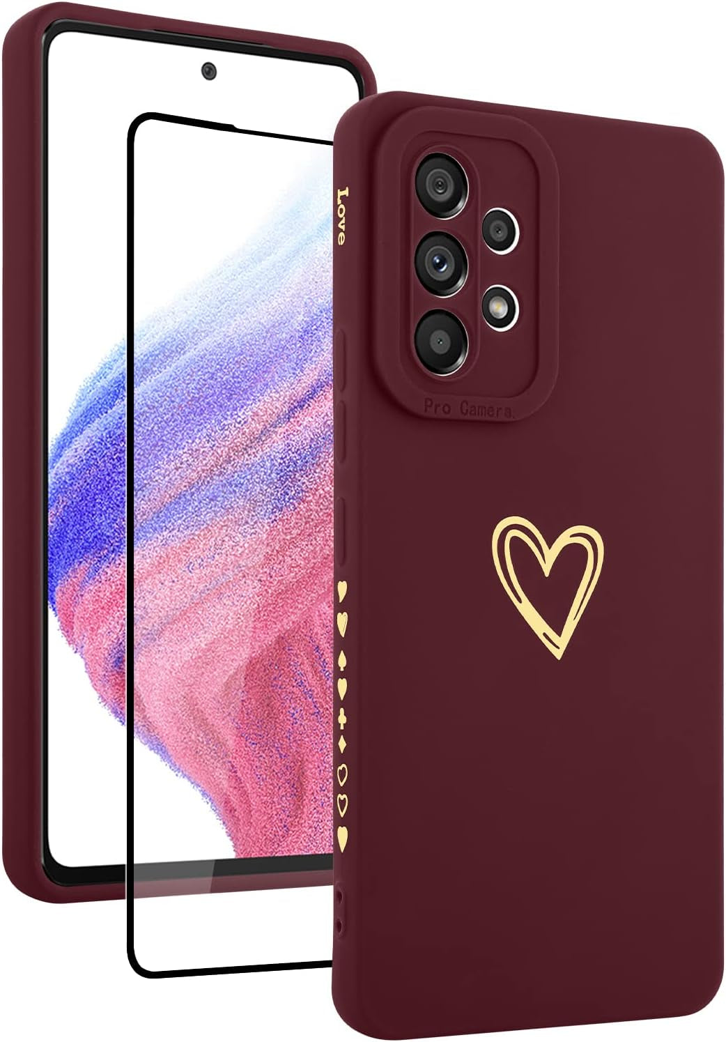Fiyart Designed for Samsung Galaxy A53 5G Case Love Heart Design for Women Girls Soft TPU Plating Full Camera Lens Protection Phone Cover Bumper with Screen Protector for Galaxy A53 5G 6.5"-Black  Fiyart Wine Red  