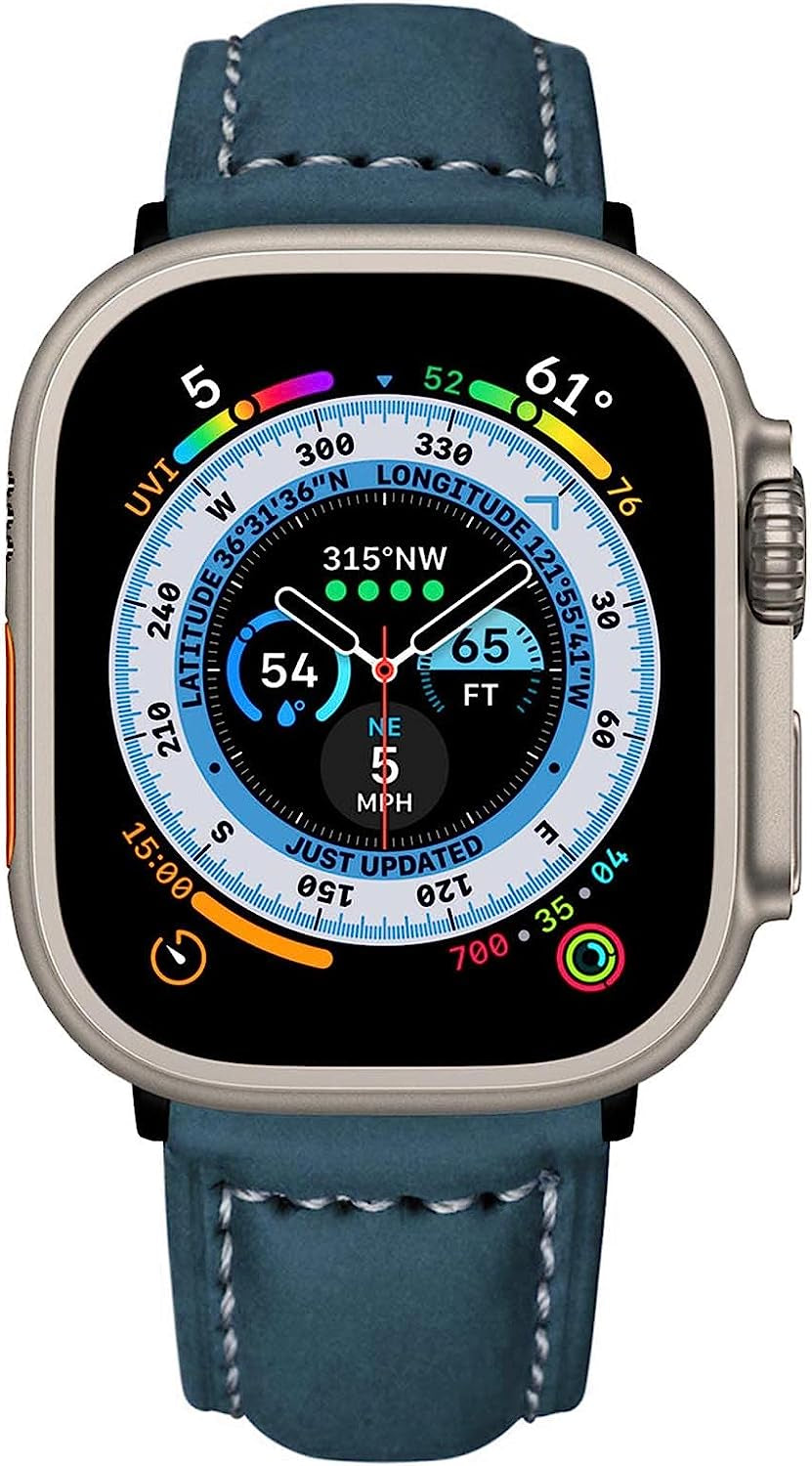BOTOMALL Compatible with Apple Watch Ultra Band Leather 49/45/44/42Mm 41/40/38Mm Series 8 7 SE 6 5 4 3 2 1 Premium Vintage Leather Replacement Straps for Iwatch Men Women  BOTOMALL Blue 49mm 45mm 44mm 42mm 