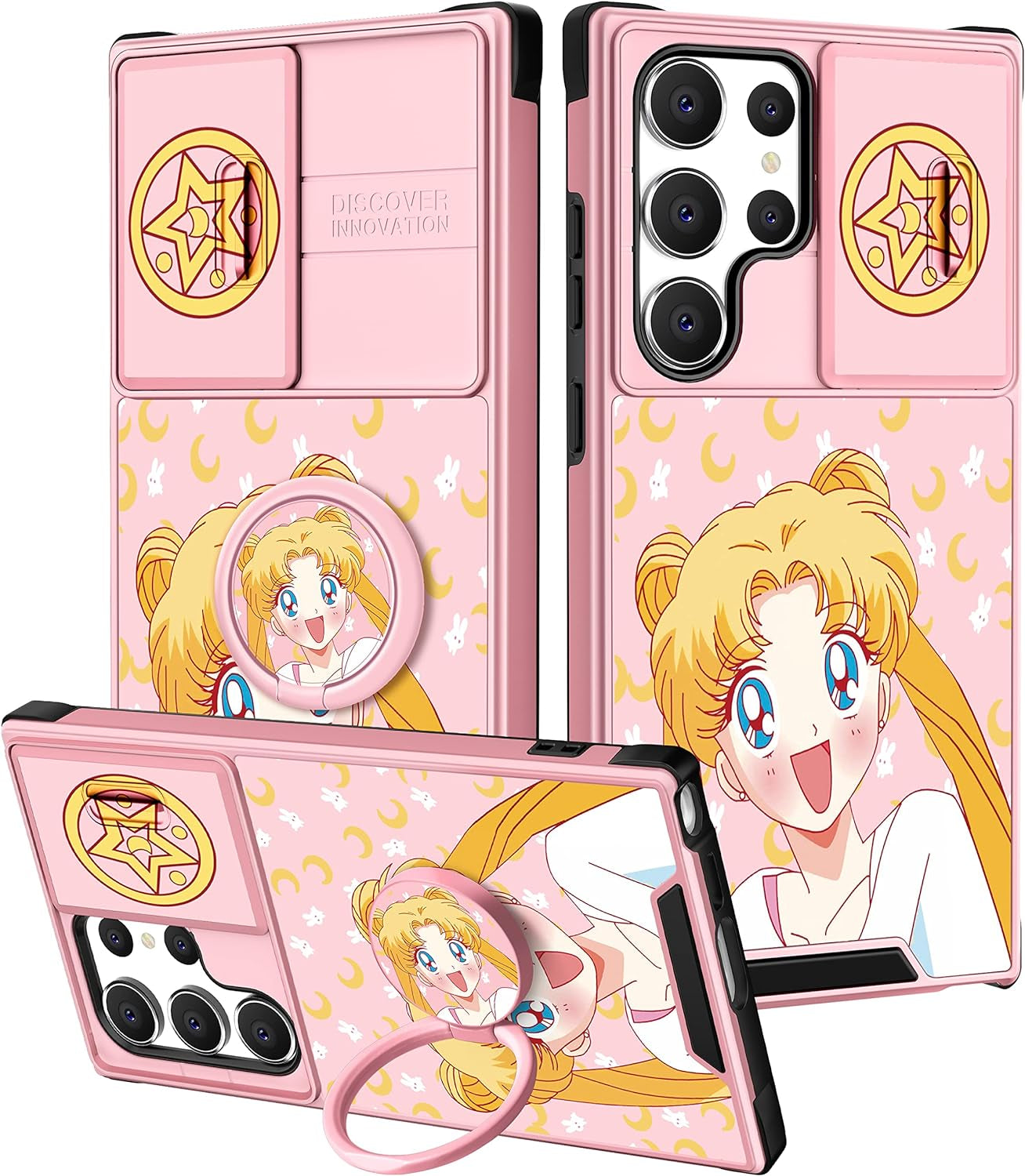 Oqpa for Samsung Galaxy S22 Ultra Case Cute Cartoon Case with Camera Cover+Ring Holder for Women Girly Girls Boys Kids Galaxy S22 Ultra Kawaii Funny Unique Case for Samsung S22 Ultra, Happy Miki  meitong2020 Moon Girl  