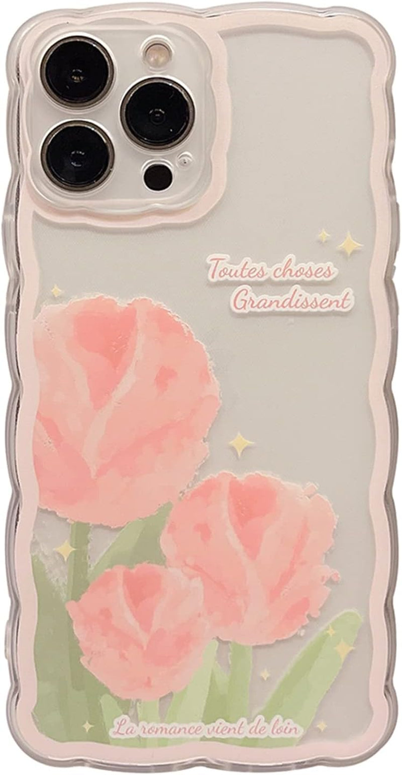 GUSDBSW Cute Iphone 14 plus Case for Women Girls, Lovely Floral Strawberry Pattern Wave Comfortable Grip Design for Girly, Slim Thin Soft Flexible TPU Clear Protective Phone Case - Blueberry Flower  GUSDBSW Pink Tulip Iphone Xs Max 