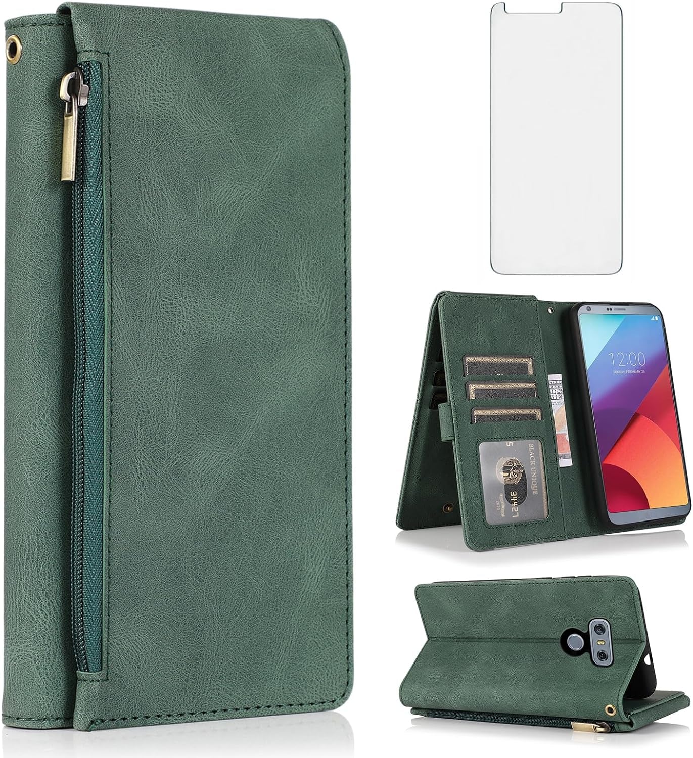 Compatible with LG G6 Wallet Case Tempered Glass Screen Protector and Zipper Leather Flip Cover Card Holder Stand Cell Accessories for LGG6 Thinq LG6 Thin Q G 6 plus G6+ 6G VS988 H872 Women Men Green  Asuwish   
