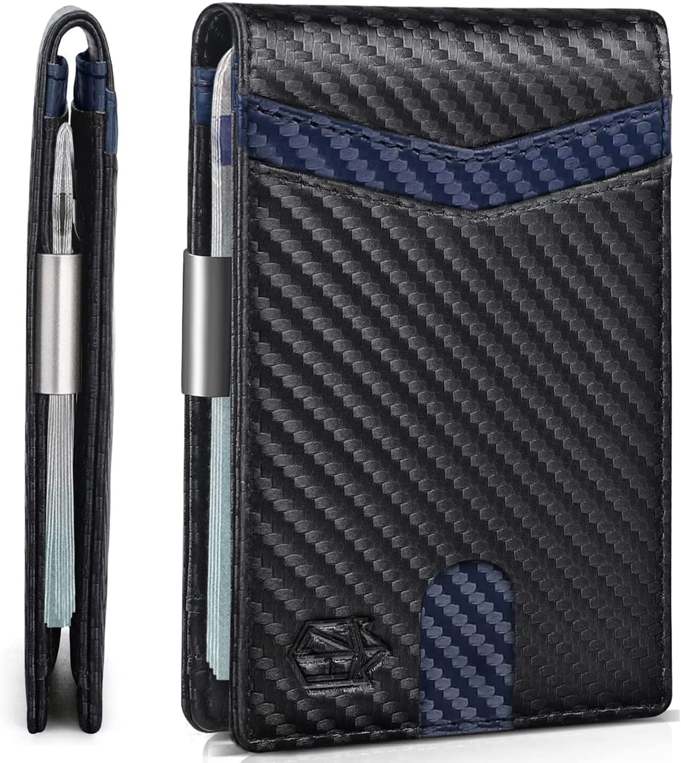 Zitahli Slim Wallet for Men-Leather Money Clip Mens Wallets-Rfid Blocking Front Pocket Bifold Wallet-Minimalist Credit Card Holder with Gift Box  Zitahli Carbon Black Accented Blue  