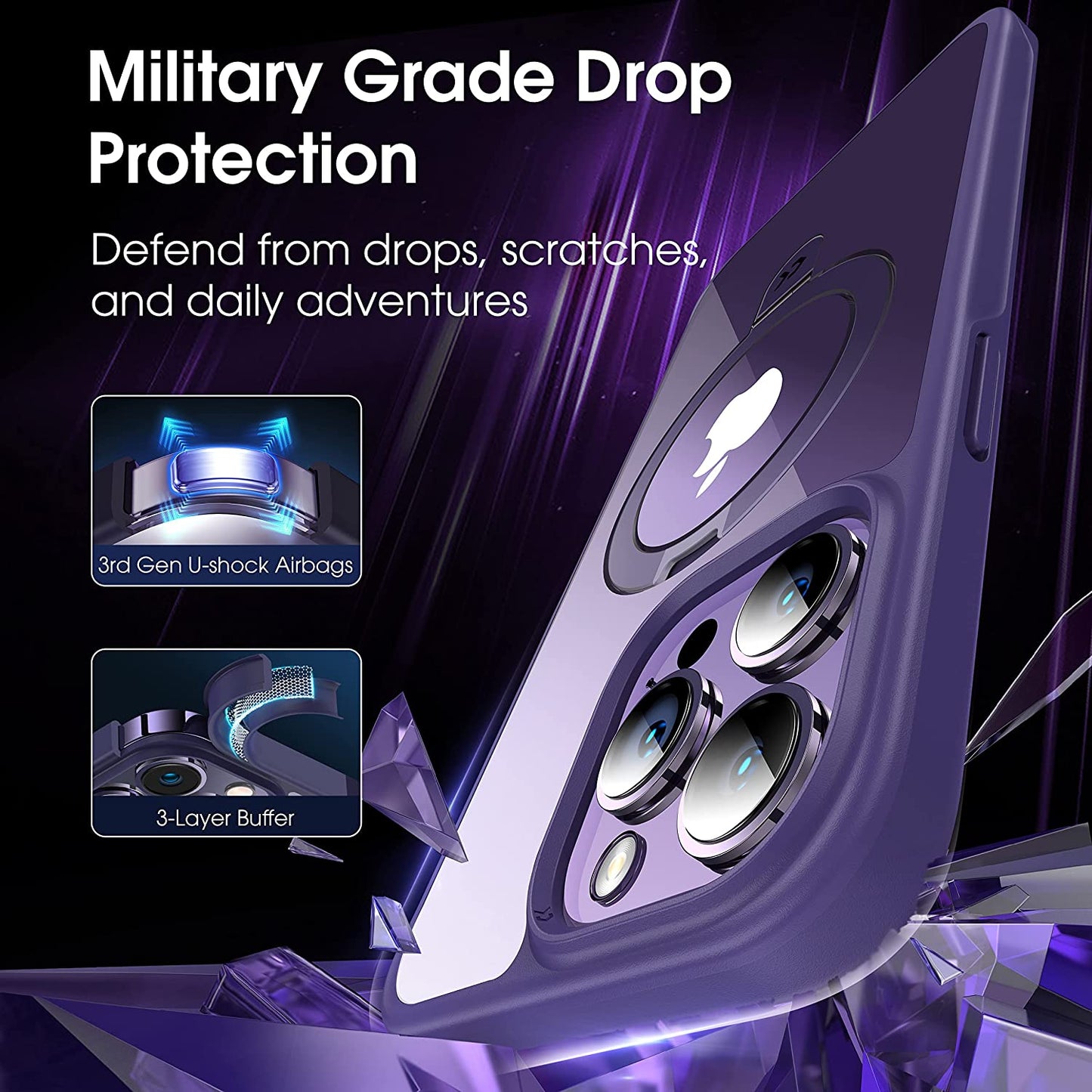 CASEKOO Magnetic Clear for Iphone 14 Pro Case with Invisible Stand [Compatible with Magsafe] [Non Yellowing] Shockproof Protective Slim Ring Holder for Women Men Phone Case 6.1 Inch 2022, Purple  CASEKOO   