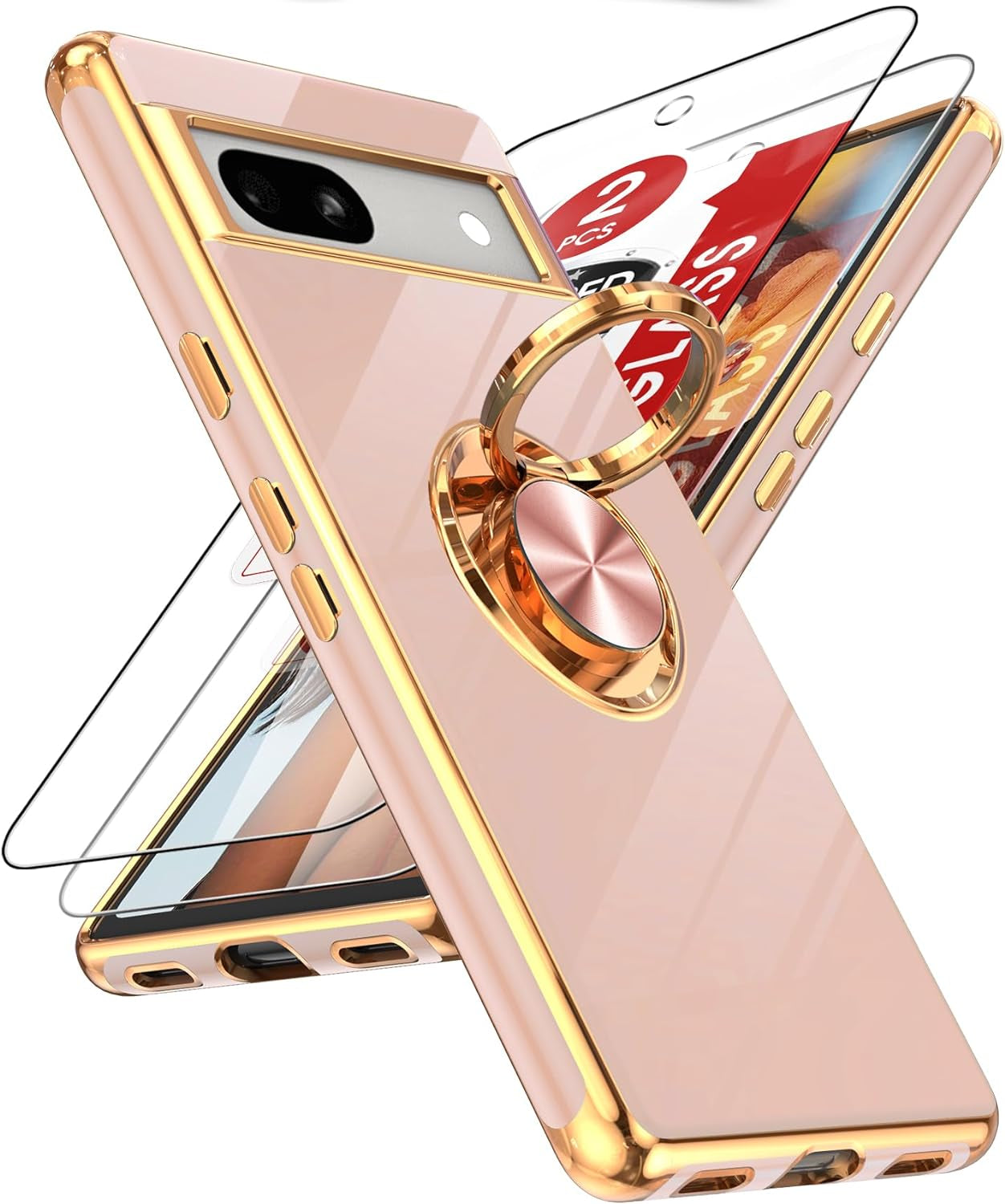 Leyi for Pixel 6A Case: with Tempered Glass Screen Protector [2 Pack] 360° Rotatable Ring Holder Magnetic Kickstand, Plating Rose Gold Edge Protective Google Pixel 6A Case, Pink  LeYi Pink Google Pixel 7A 