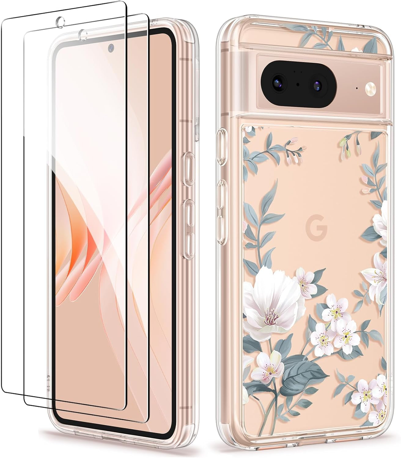 GVIEWIN Compatible with Google Pixel 8 Case with 2X Screen Protector, Clear Floral Slim Shockproof Protective Hard PC+TPU Bumper Flower Women Phone Case Cover 6.2'' 2023 (Alluring Butterfly/Purple)  GVIEWIN Magnolia/White For Google Pixel 8 (6.2-Inches, 2023) 