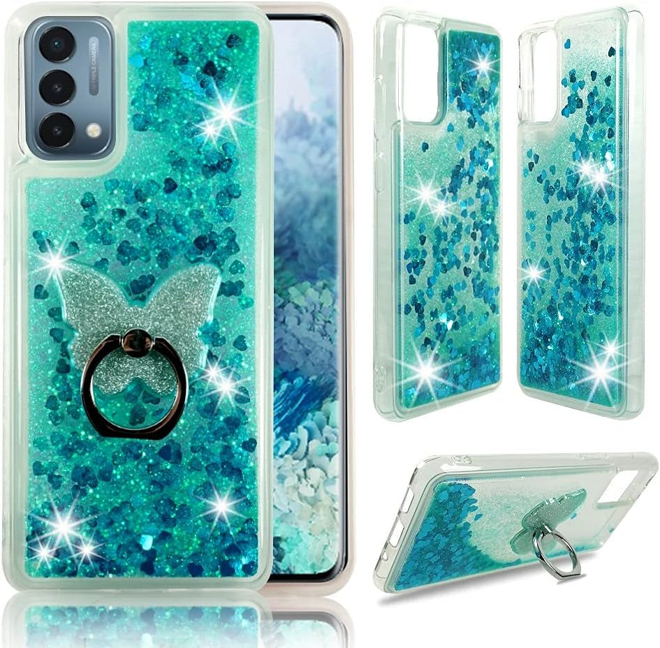 Zase Design Clear Case for Oneplus Nord N200 5G Liquid Glitter Sparkle Bling Cute Girls Women Protective Flexible Soft Cover Floating Quicksand W/Phone Ring Holder Stand (Teal Blue)  Zase   