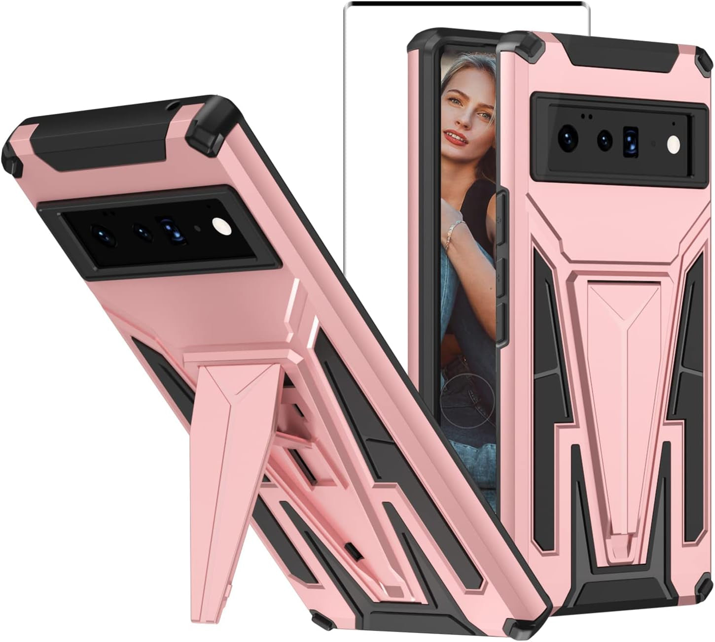 For Pixel 6 Pro Case with Tempered Glass Screen Protector [Support Fingerprint Unlocked] Military Grade Drop Tested Protective Cover with Built-In Magnetic Kickstand for Google Pixel 6 Pro Case -Pink  Leweizz   