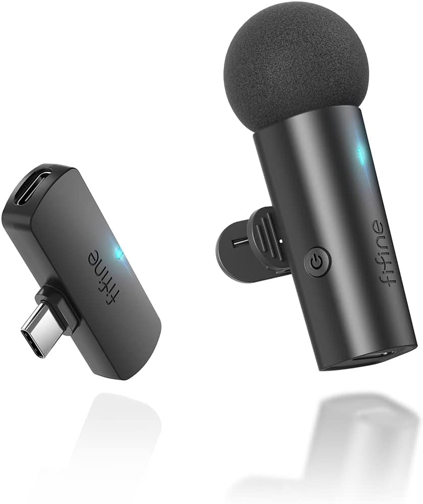 FIFINE Wireless Lavalier Lapel Microphone System for Phones/Tablets, 2.4Ghz Cordless Condenser Omnidirectional Clip-On Mic, USB C Receiver, for Video, Interview, Vlog, Youtube, Recording-M6  FIFINE   