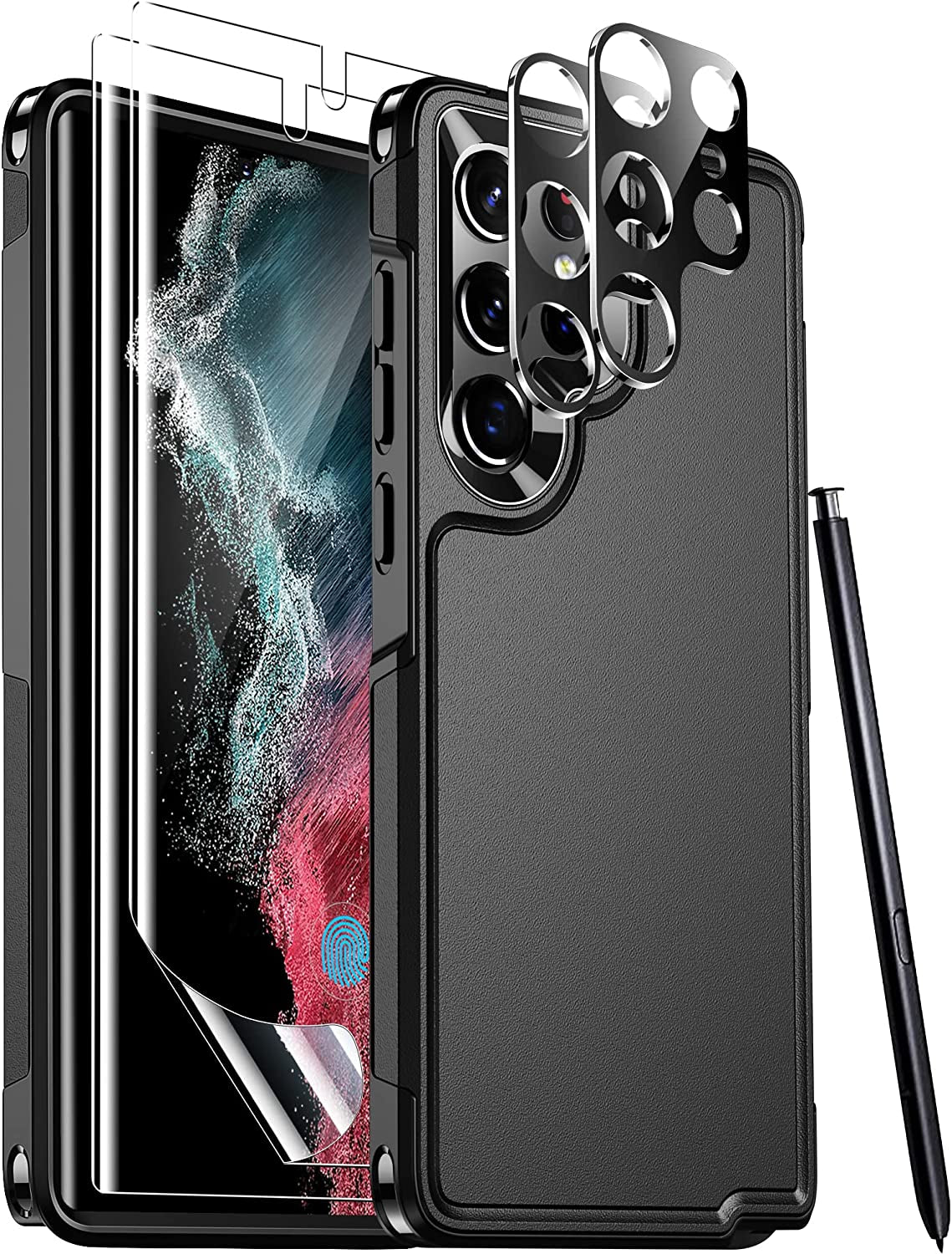 Temdan [Heavy Shockproof for Samsung Galaxy S22 Ultra Case,With 2 Pack [Soft Screen Protector + Camera Lens Protector] [Military Grade Drop Protection] Tough Rugged Full-Body Protection Phone Case Red  Temdan Black/6In1 Samsung Galaxy S22 Ultra 