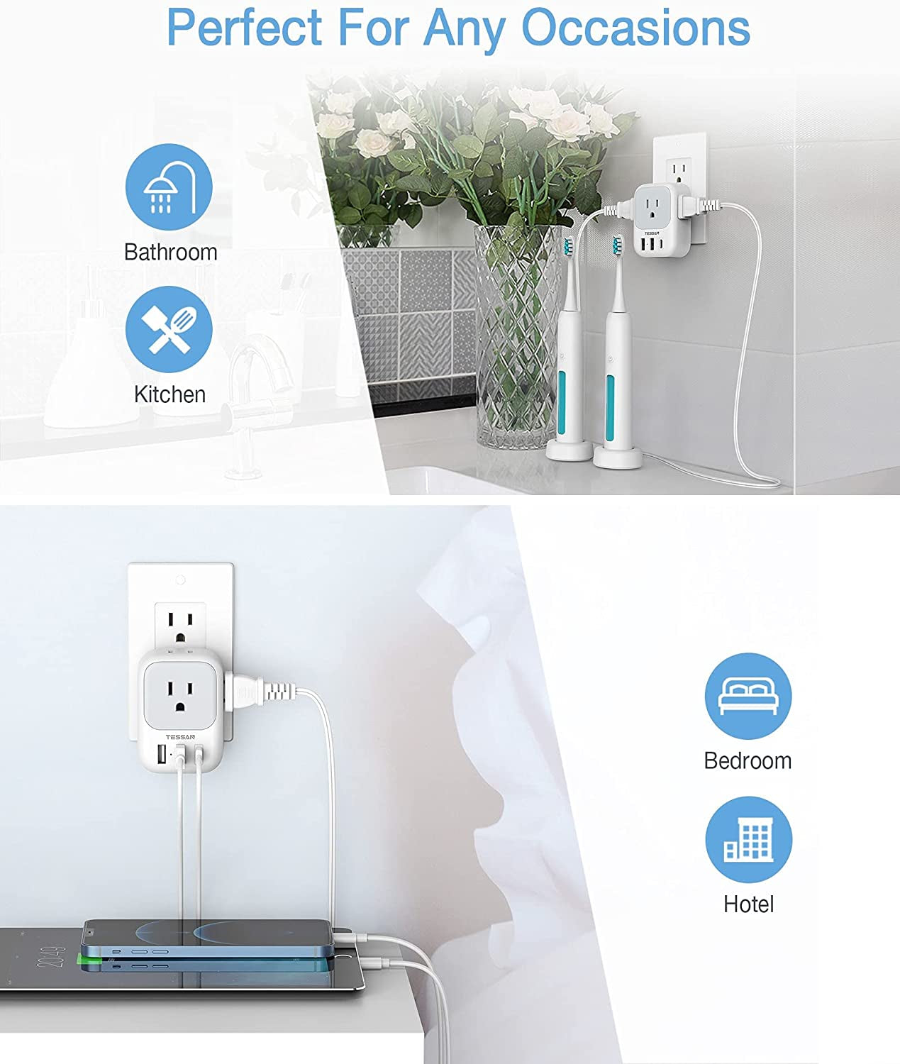 Wall Charger, USB Plug Adapter Outlet Extender, TESSAN 3 USB Ports(1 USB C Port), Multi Charging Station for Cruise, Bathroom, Office, Dorm Essentials  TESSAN   
