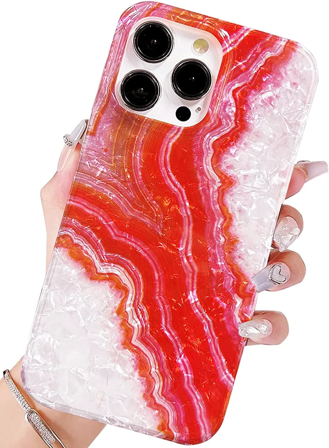 J.West Iphone 14 Pro Case, Luxury Sparkle Translucent Macaron Color, Clear Opal Pearly, Soft TPU Protective Cover  J.west Red  