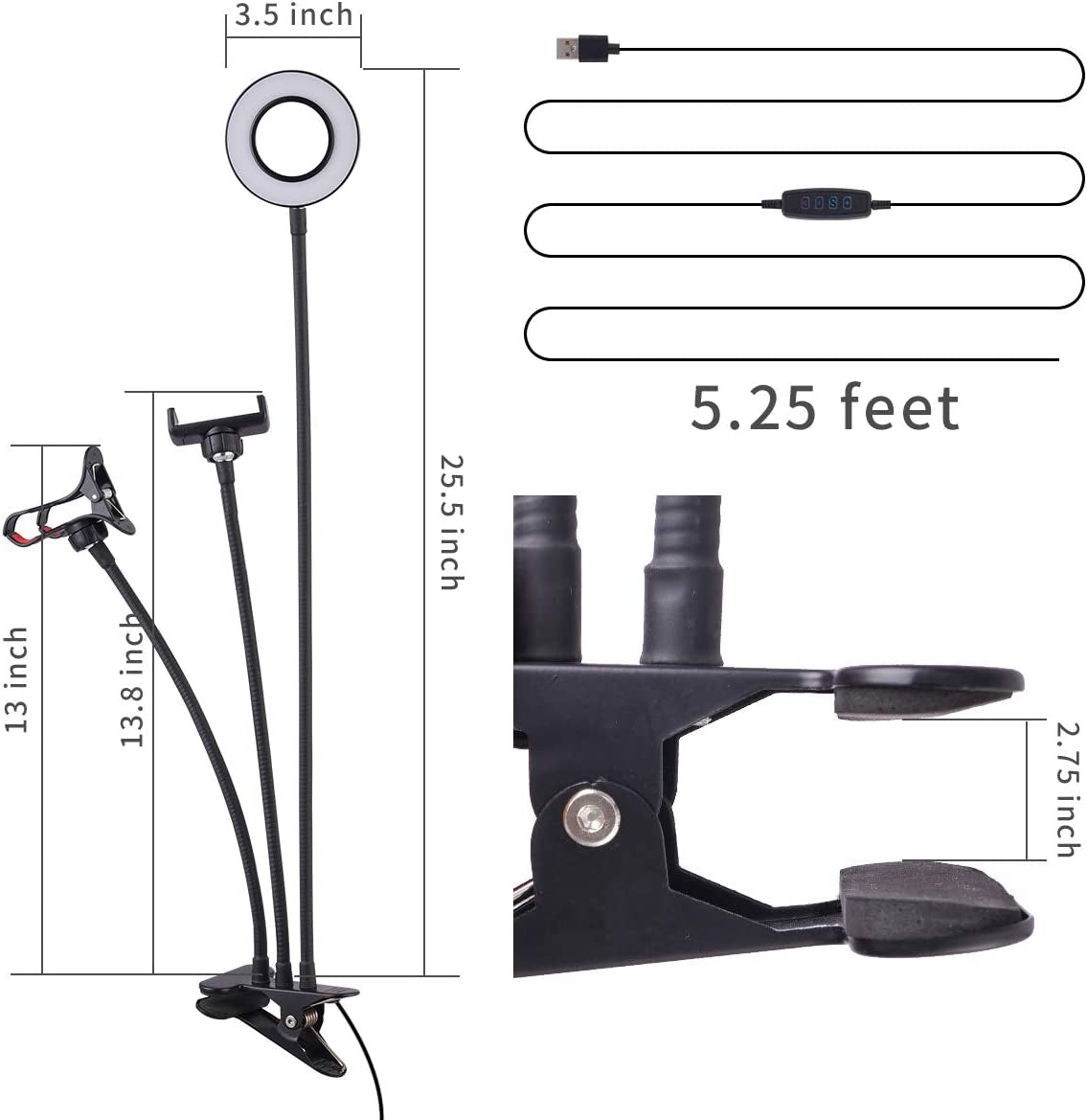 Tranesca Selfie Ring Light with Cell Phone Holder Stand for Live Stream/Makeup, LED Camera Lighting [3-Light Mode] with Flexible Arms Compatible with Cell Phones and Camera (Black)  Tranesca   